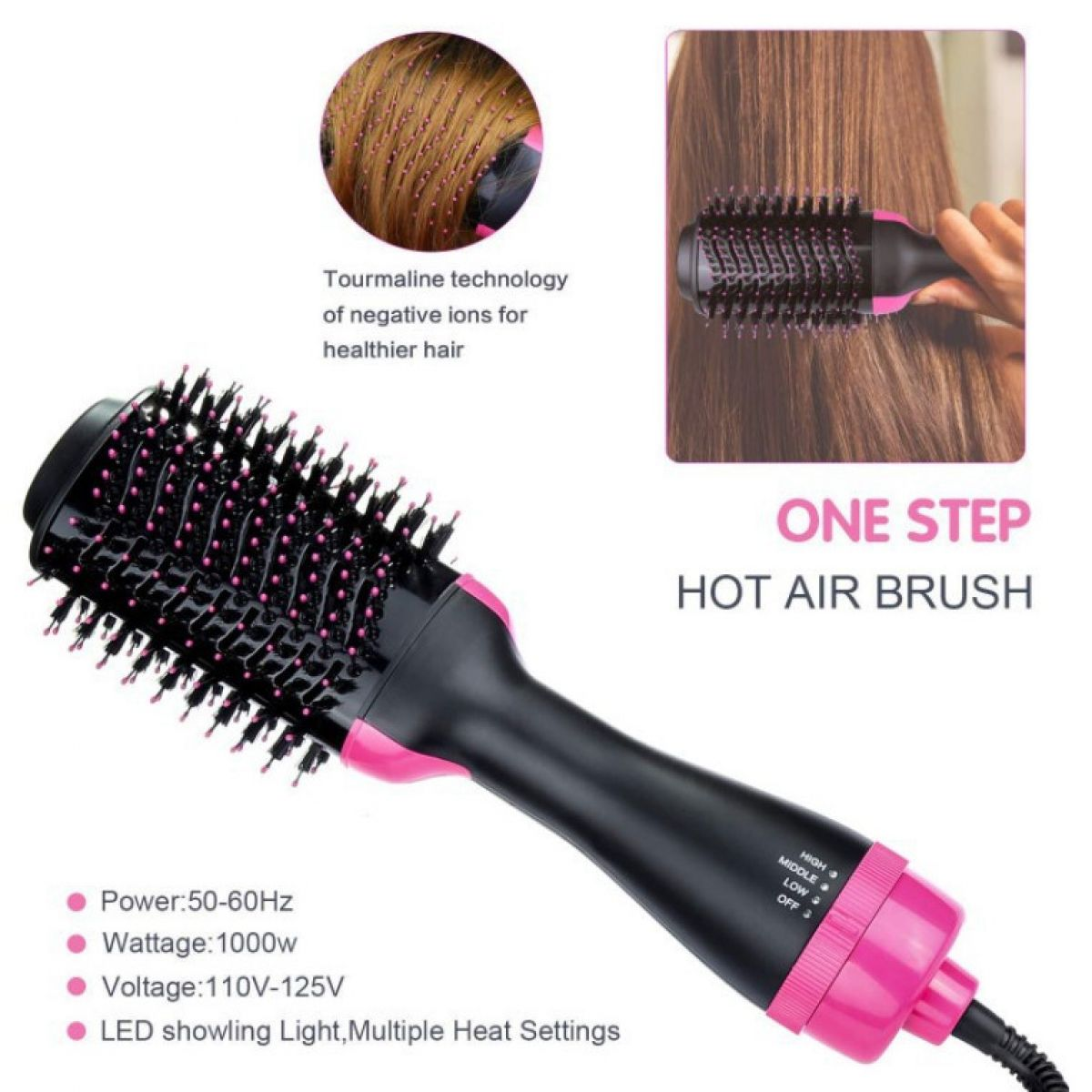 Eine schwarz-rosa Heißluftbürste mit Bürstenkopf. Zusätzliche Bilder zeigen das Haarstyling und Produktdetails.
