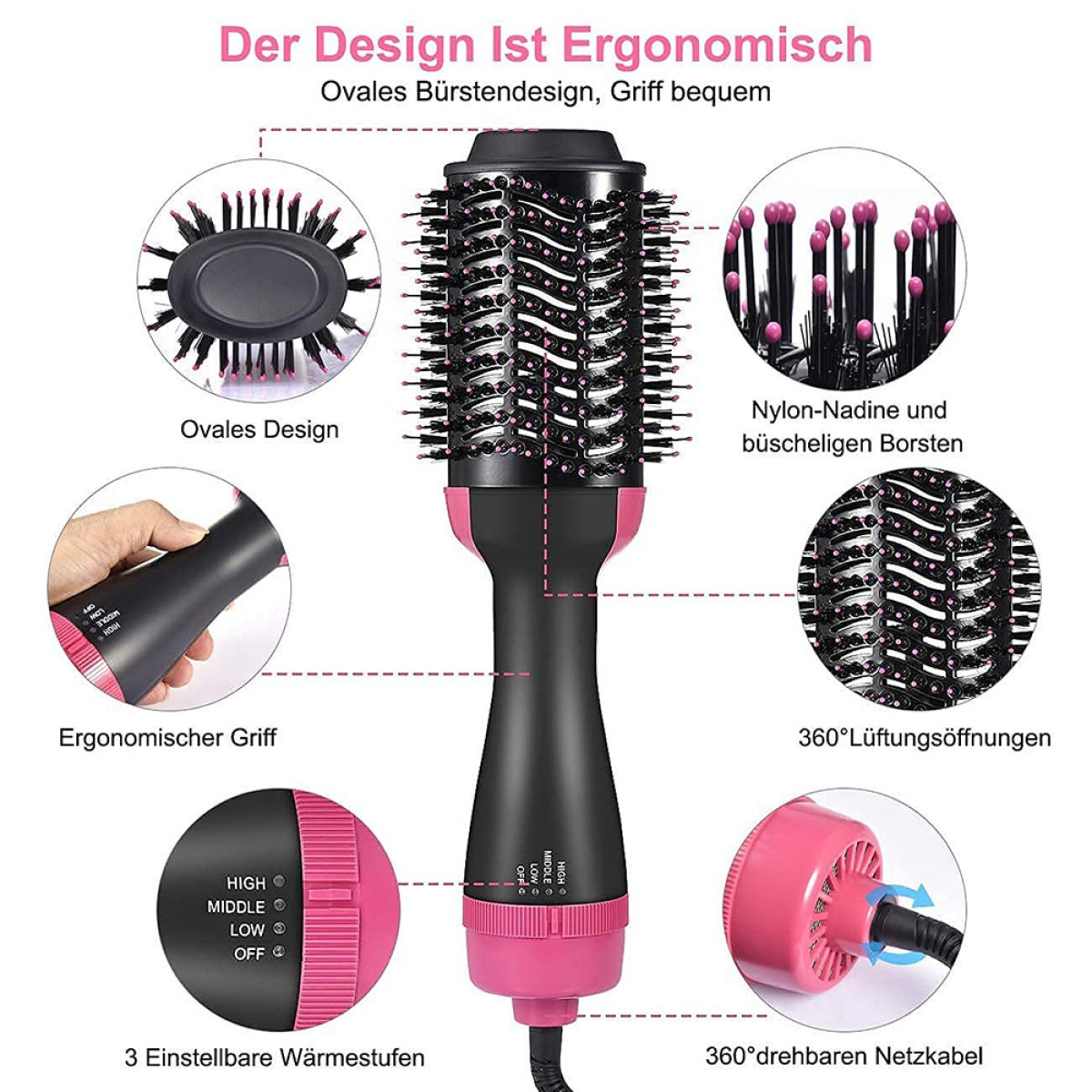 Haarstyling-Werkzeug mit schwarzem und pinkfarbenem Design. Enthält Bürstenköpfe, einstellbare Hitze und ein drehbares Netzkabel.