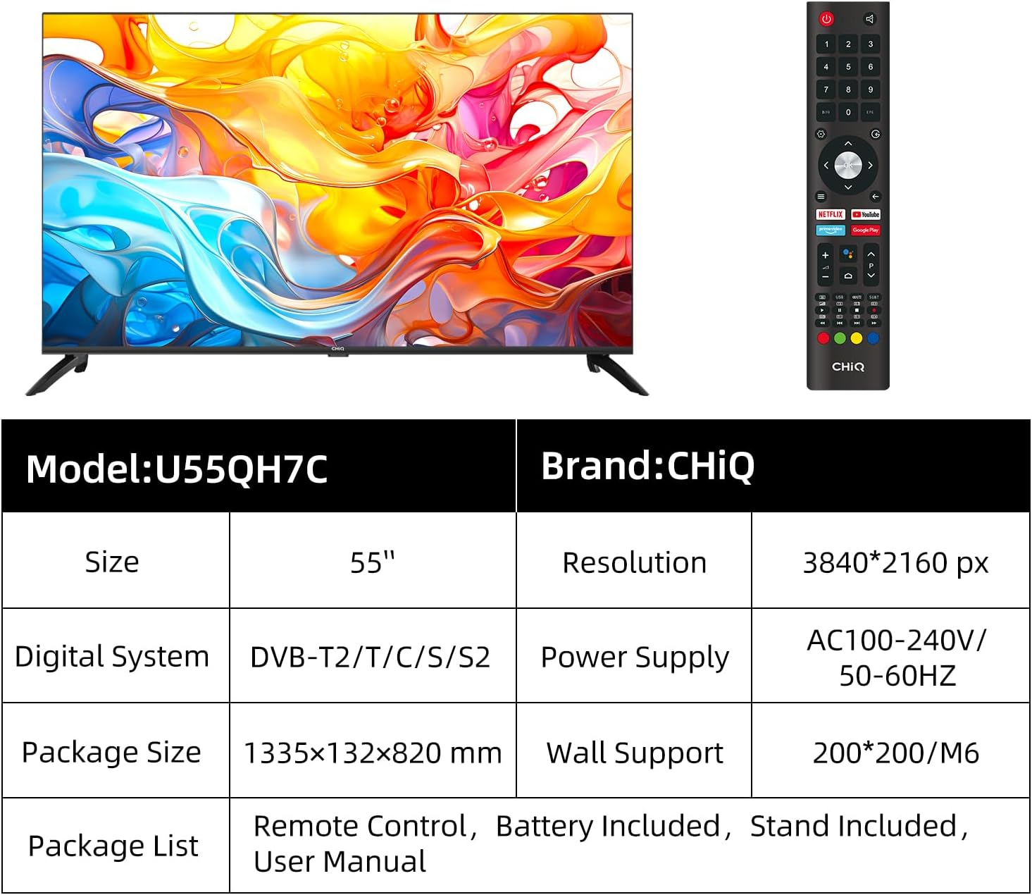 140 Android 4K, cm, U55QH7C (Flat, SMART QLED TV Zoll TV, CHIQ 55 / TV) UHD