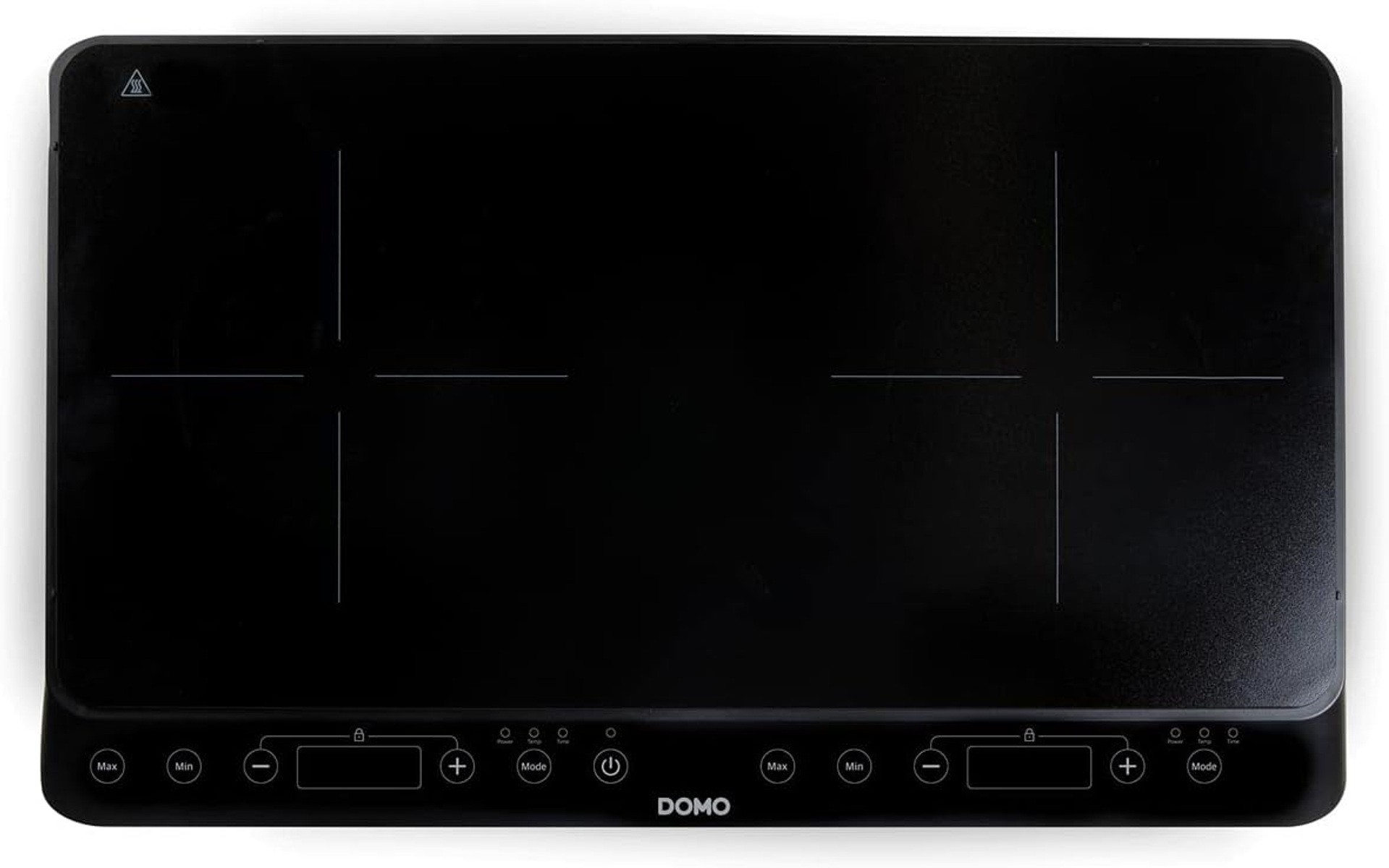 Widok z góry na czarną płytę indukcyjną z dwoma polami grzewczymi i sterowaniem dotykowym.
