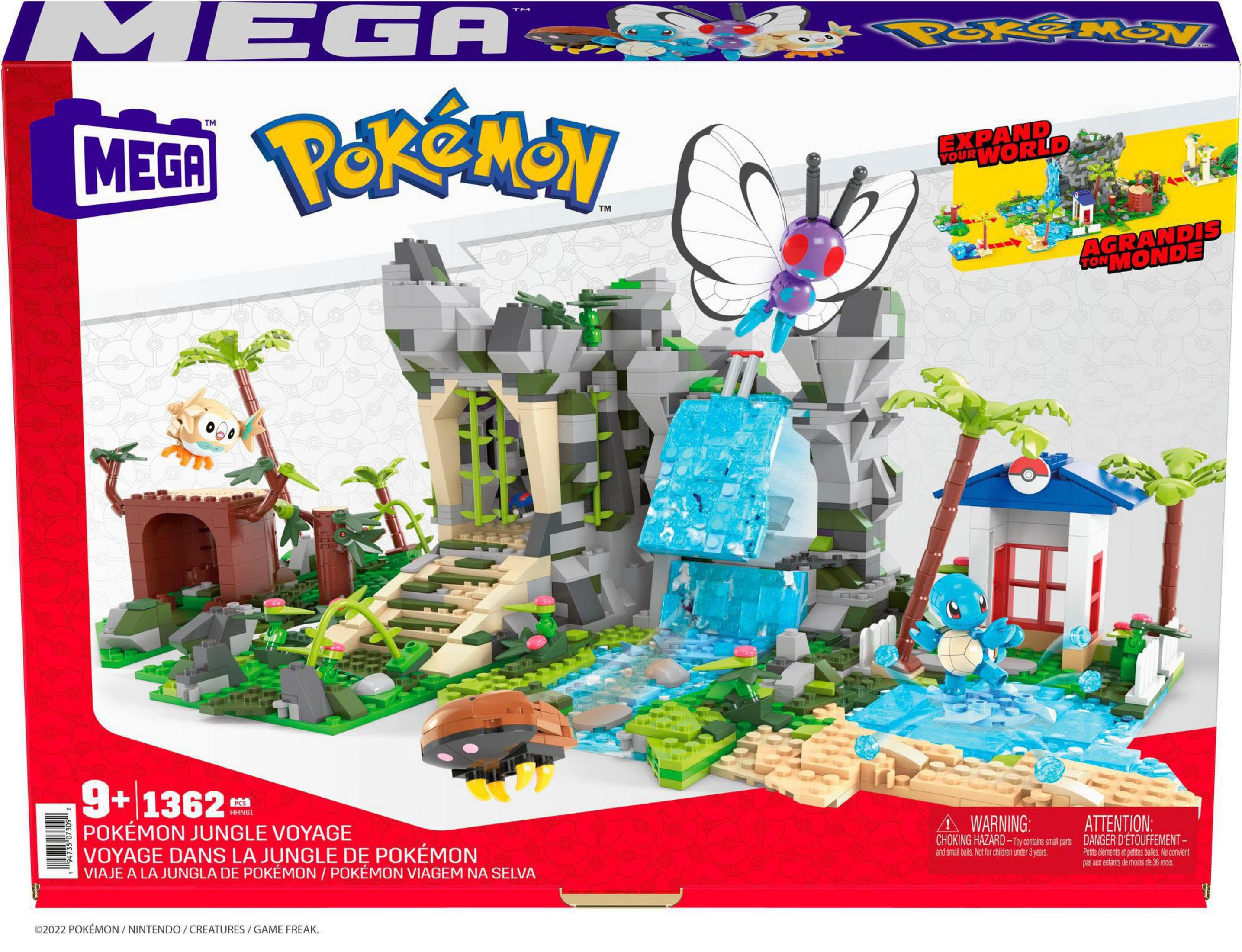 Eine Mega Pokemon Jungle Voyage Spielzeugbox mit einer bunten Dschungelszene.