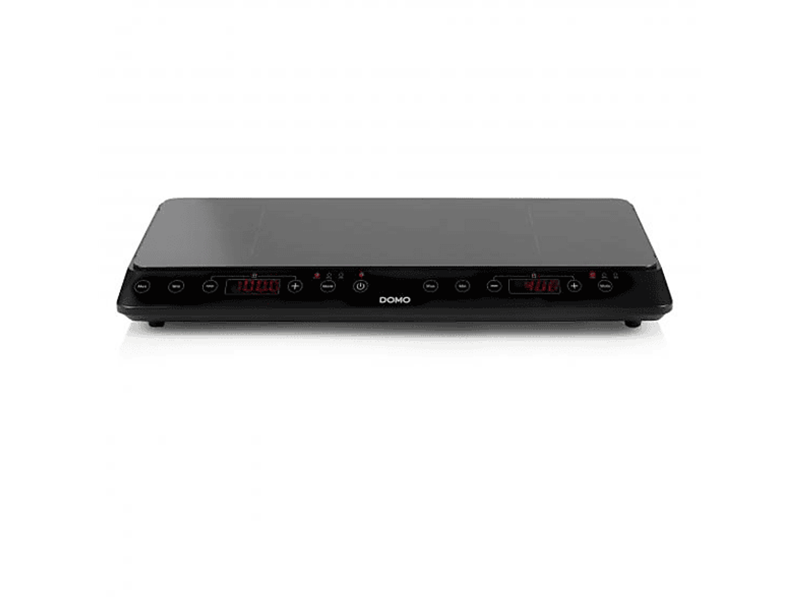 Czarna płyta indukcyjna z czerwonymi wyświetlaczami cyfrowymi i napisem 'DOMO'.