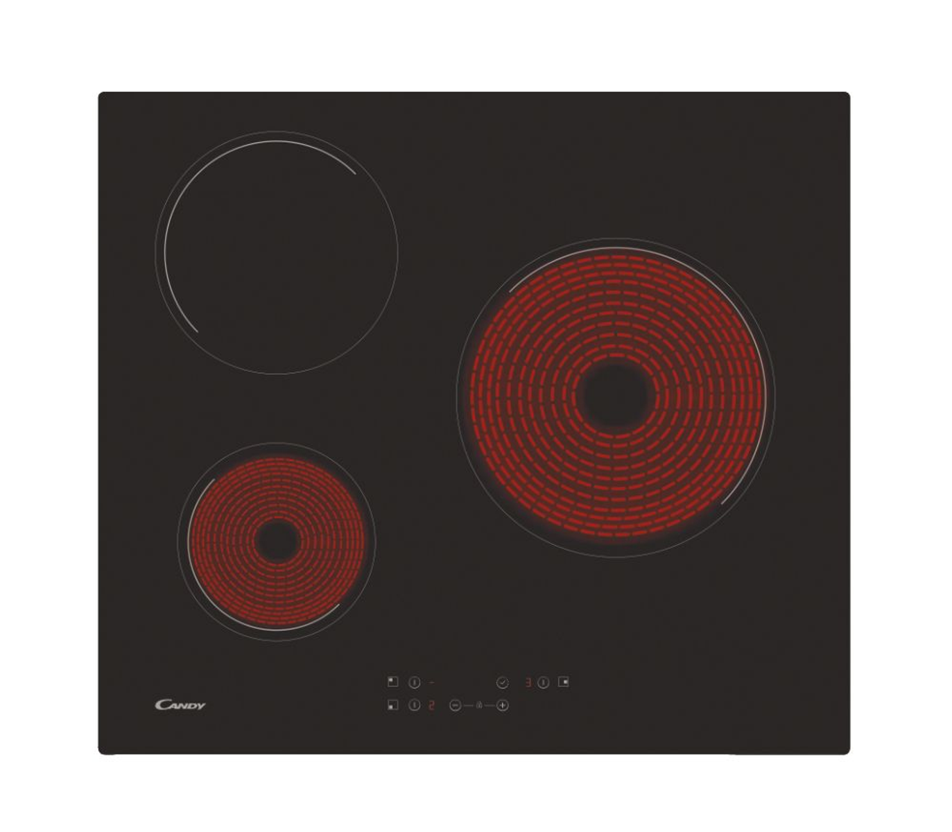 Czarna płyta elektryczna z trzema strefami grzewczymi. Dwa czerwone, jeden biały.