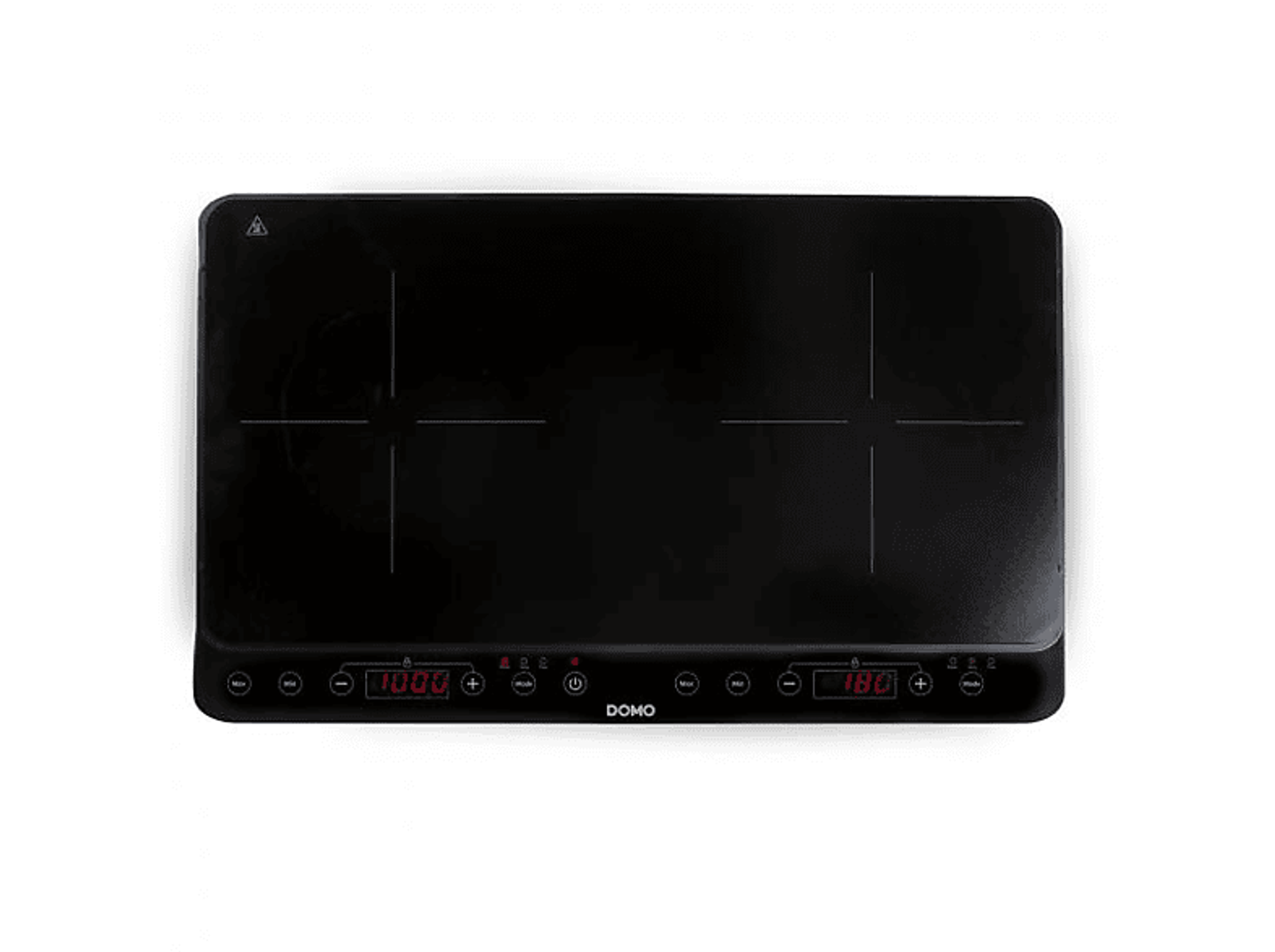 Czarna płyta indukcyjna z dwoma polami grzejnymi i wyświetlaczami cyfrowymi.