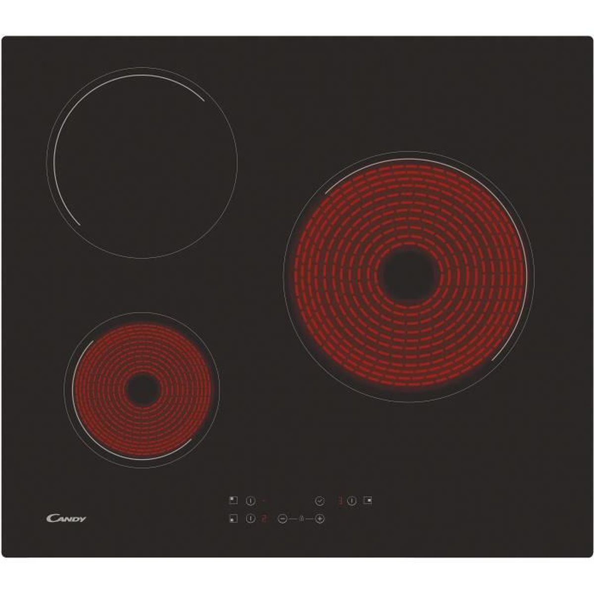 Czarna płyta ceramiczna z trzema podświetlanymi na czerwono strefami gotowania.
