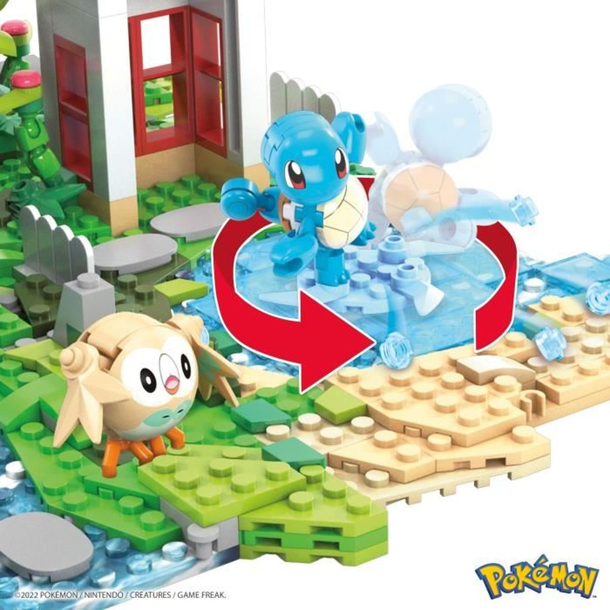 Pokemon-Bausatz. Squirtle- und Rowlet-Figuren. Roter Pfeil zeigt Wasserbewegung.