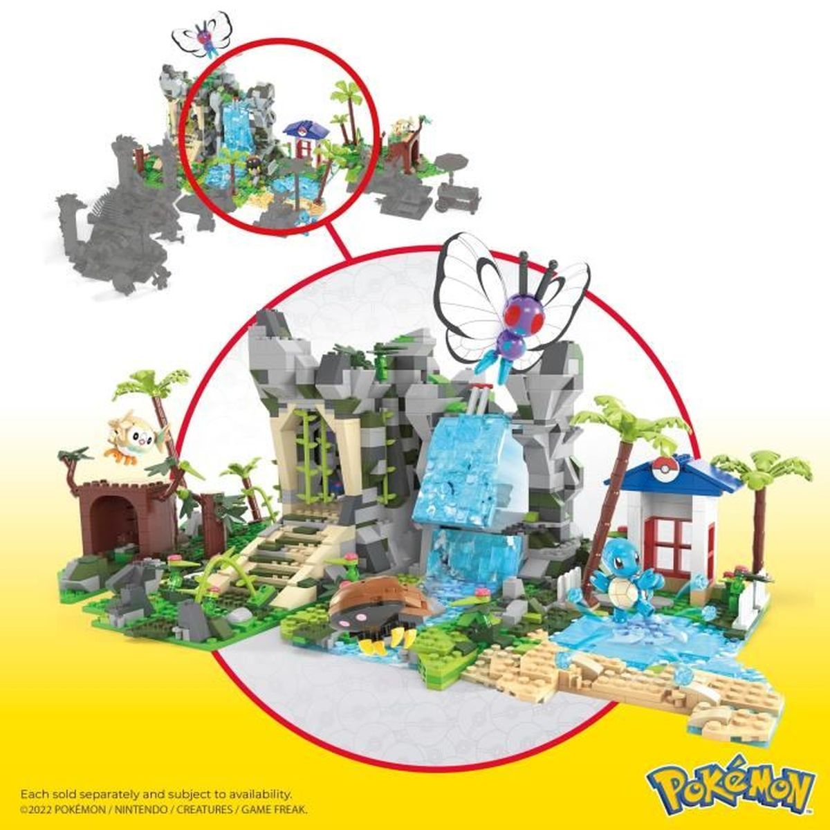 Lego-Set mit Wasserfall, einem Haus und einem großen Schmetterling auf hellgrüner Oberfläche. Pokemon-Logo.
