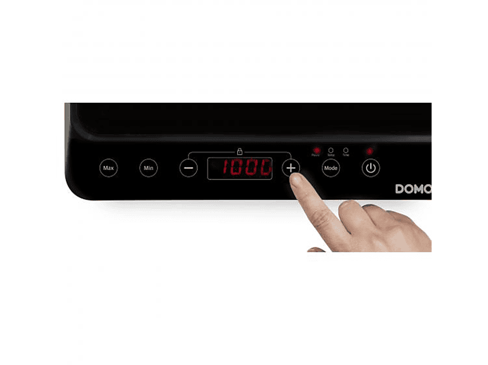 Ręka naciska przycisk '+' na czarnej płycie indukcyjnej z wyświetlaczem '1000'.