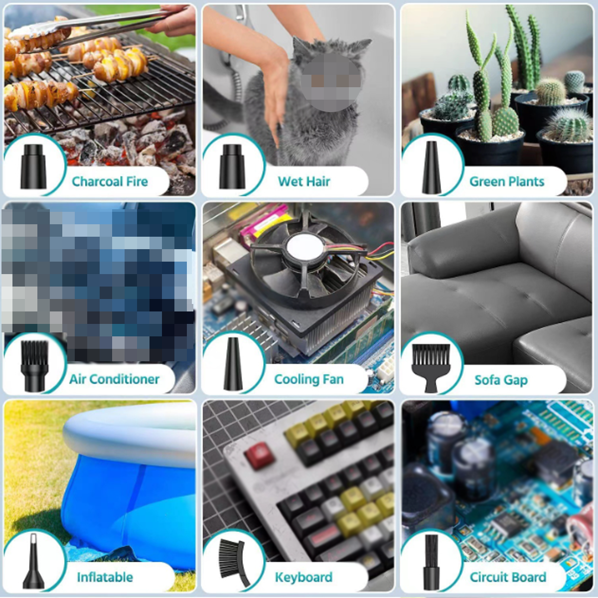 Collage von neun Bildern mit verschiedenen Gegenständen wie Holzkohlefeuer, Pflanzen und einer Tastatur.