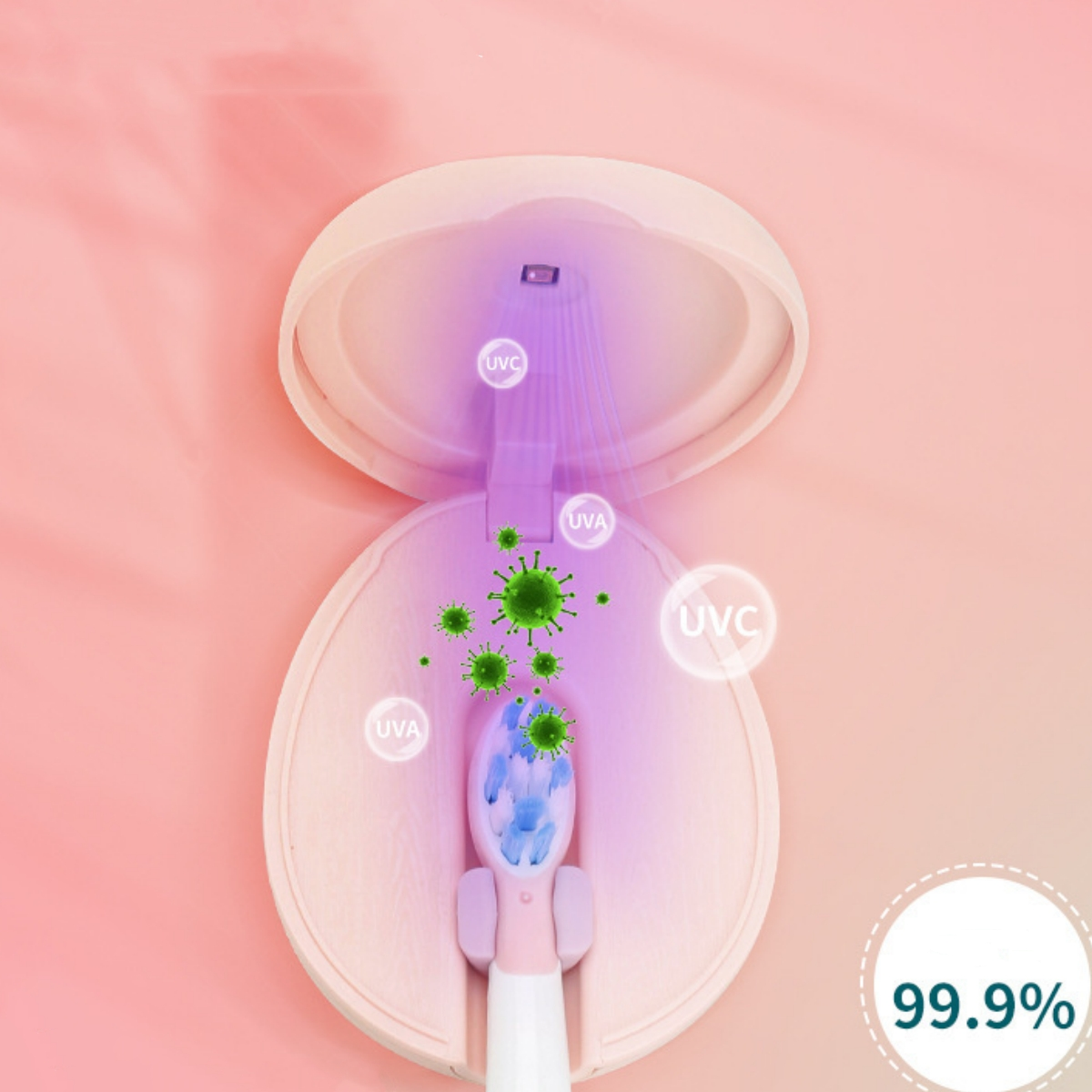 Eine Zahnbürste in einem Sterilisator. UV-Licht wird zur Desinfektion gezeigt. Die Zahl 99,9 % ist sichtbar.