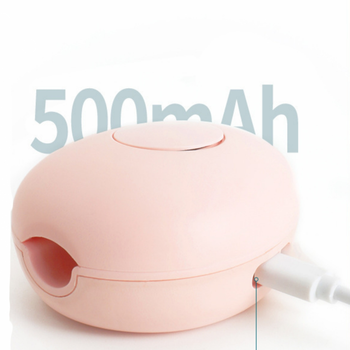Ein rosa, eiförmiges Gerät mit einem eingesteckten weißen Kabel. Der Text 500mAh ist sichtbar.