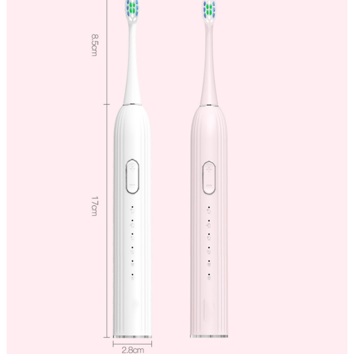 Zwei elektrische Zahnbürsten, weiß und rosa, mit angezeigten Abmessungen. Rosa Hintergrund.