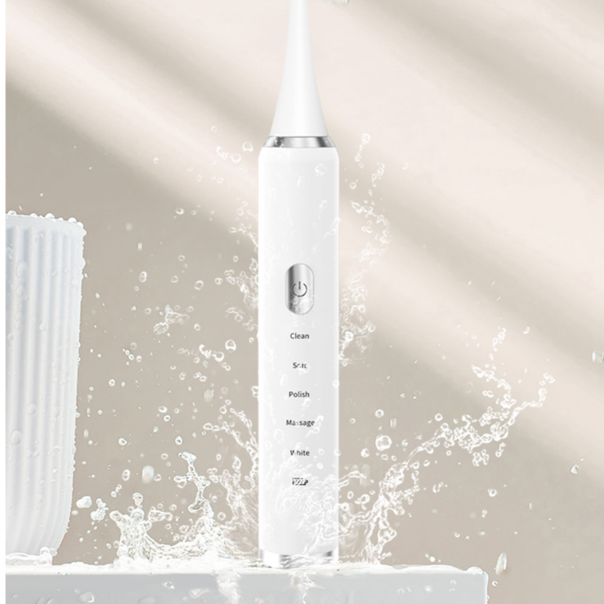 Weiße elektrische Zahnbürste mit Wasserspritzern. Modi: Clean, Soft, Polish, Massage und White.