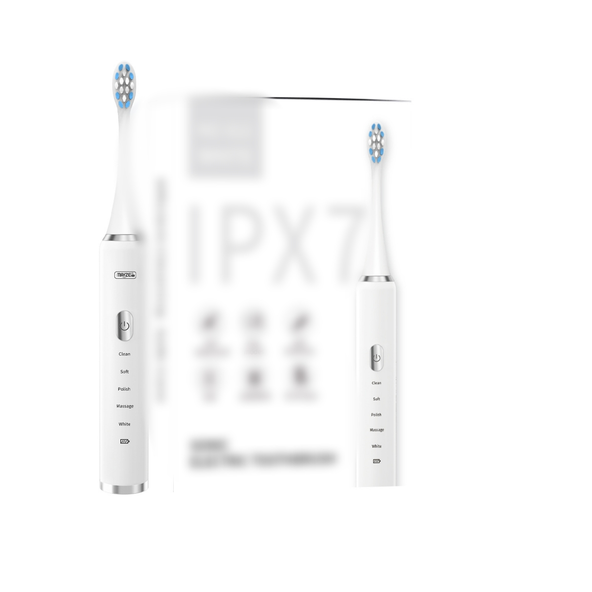 Zwei elektrische Zahnbürsten auf weißem Hintergrund mit dem Text 'IPX7' auf grauem Hintergrund.