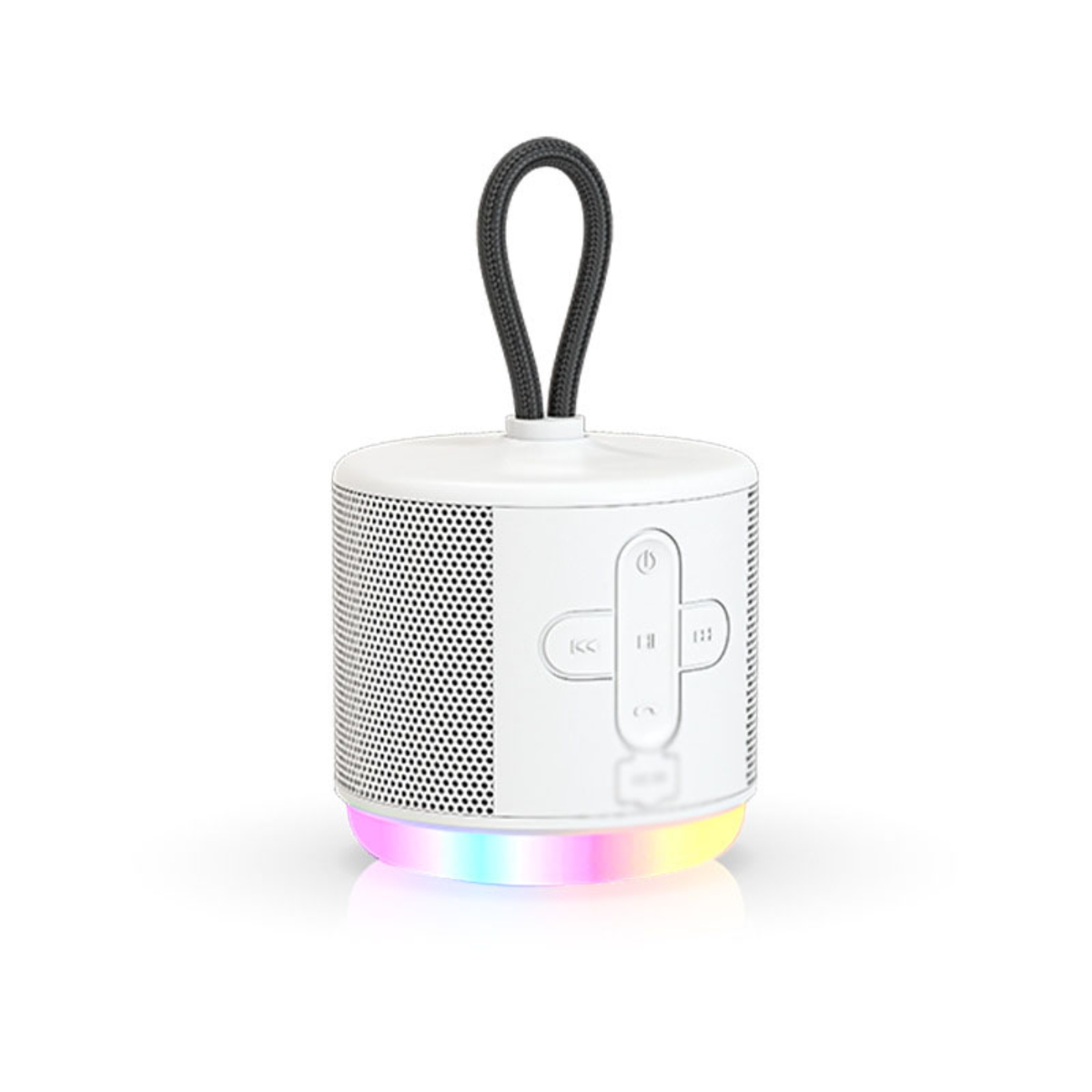 Ein weißer, zylindrischer Bluetooth-Lautsprecher mit schwarzem Riemen. Der Lautsprecher hat einen Lichtring.