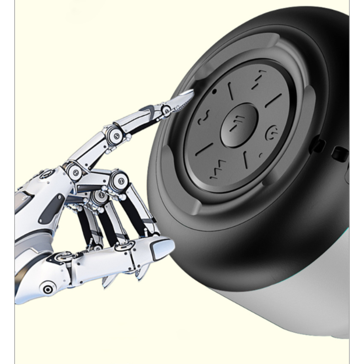 Eine Roboterhand berührt einen schwarzen Lautsprecher. Der Lautsprecher hat Knöpfe auf seiner Oberfläche.