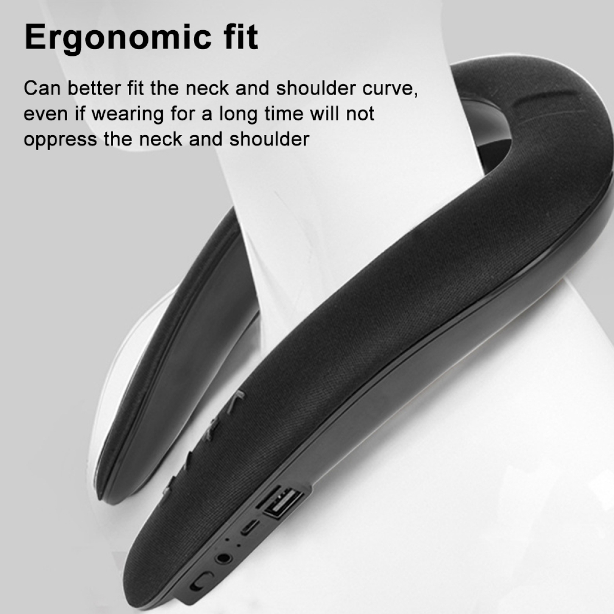 Nackenband-Lautsprecher auf weißer Oberfläche, Nahaufnahme, ergonomische Eigenschaften werden präsentiert.