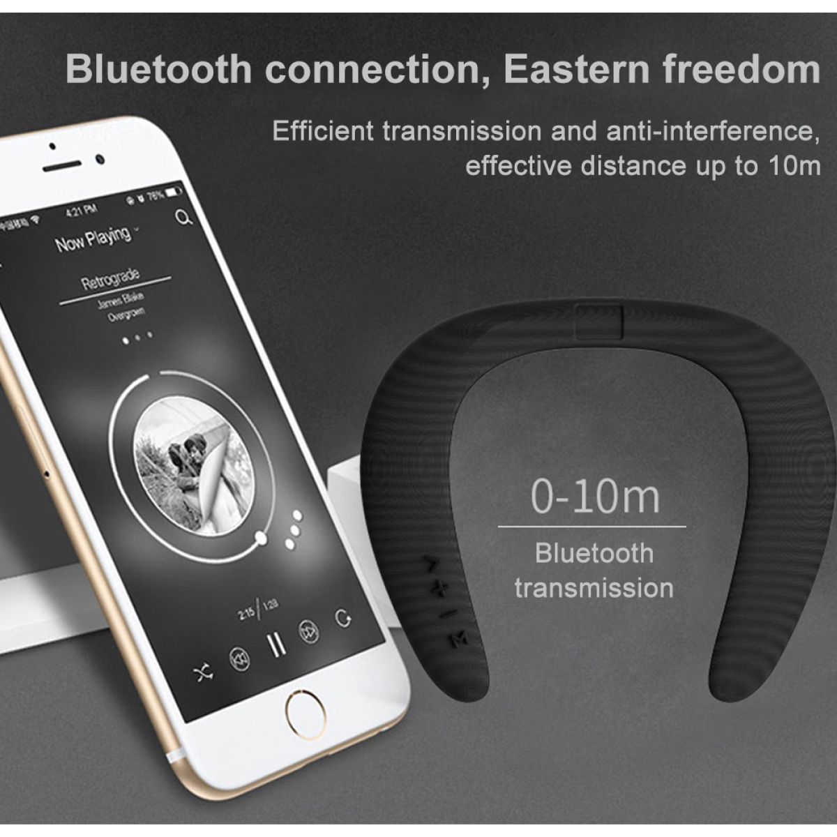 Das Bild zeigt ein Smartphone mit geöffneter Musik-App und einen schwarzen Bluetooth-Nackenbügel-Lautsprecher.