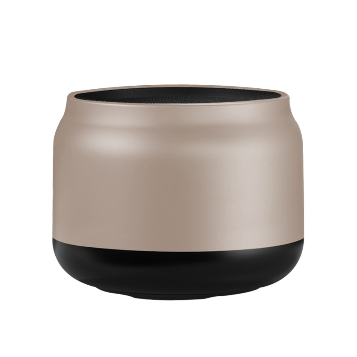 Ein zylindrischer Lautsprecher, beige und schwarz. Weißer Hintergrund.