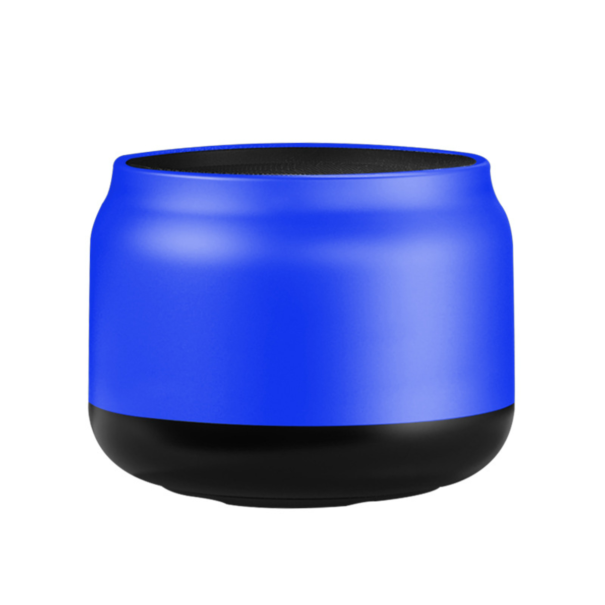 Blau-schwarzer zylindrischer Lautsprecher. Die Oberseite ist blau, die Unterseite schwarz, mit Mesh-Oberseite.