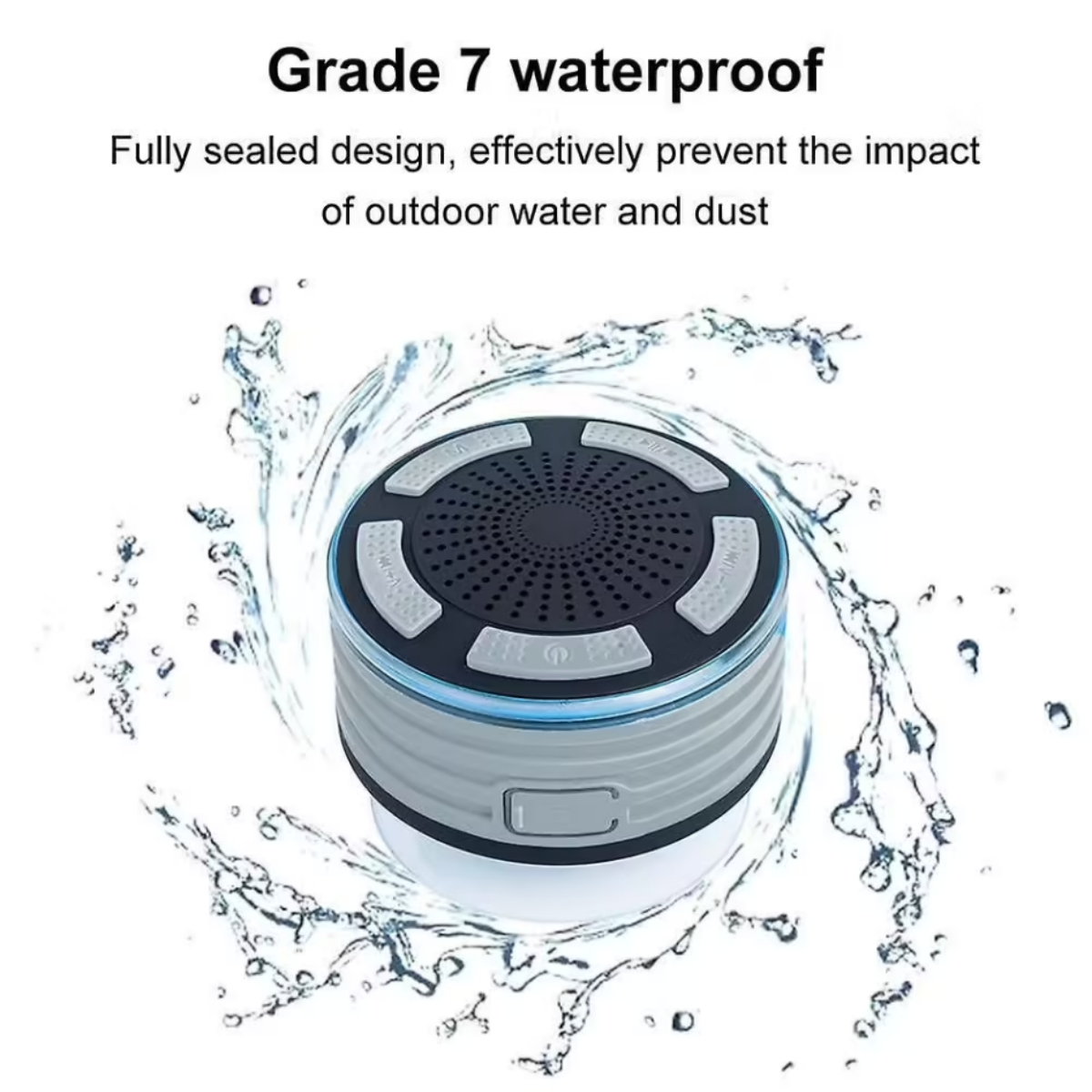 Ein wasserdichter Lautsprecher mit Wassertropfen. Der Lautsprecher ist rund und grau/schwarz.