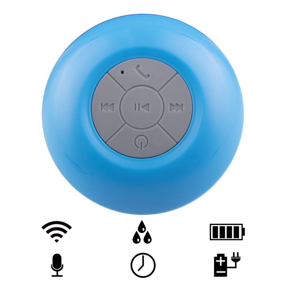 Ein blauer, runder wasserdichter Lautsprecher mit Bedientasten. Symbole für WLAN, Mikrofon und Akku.