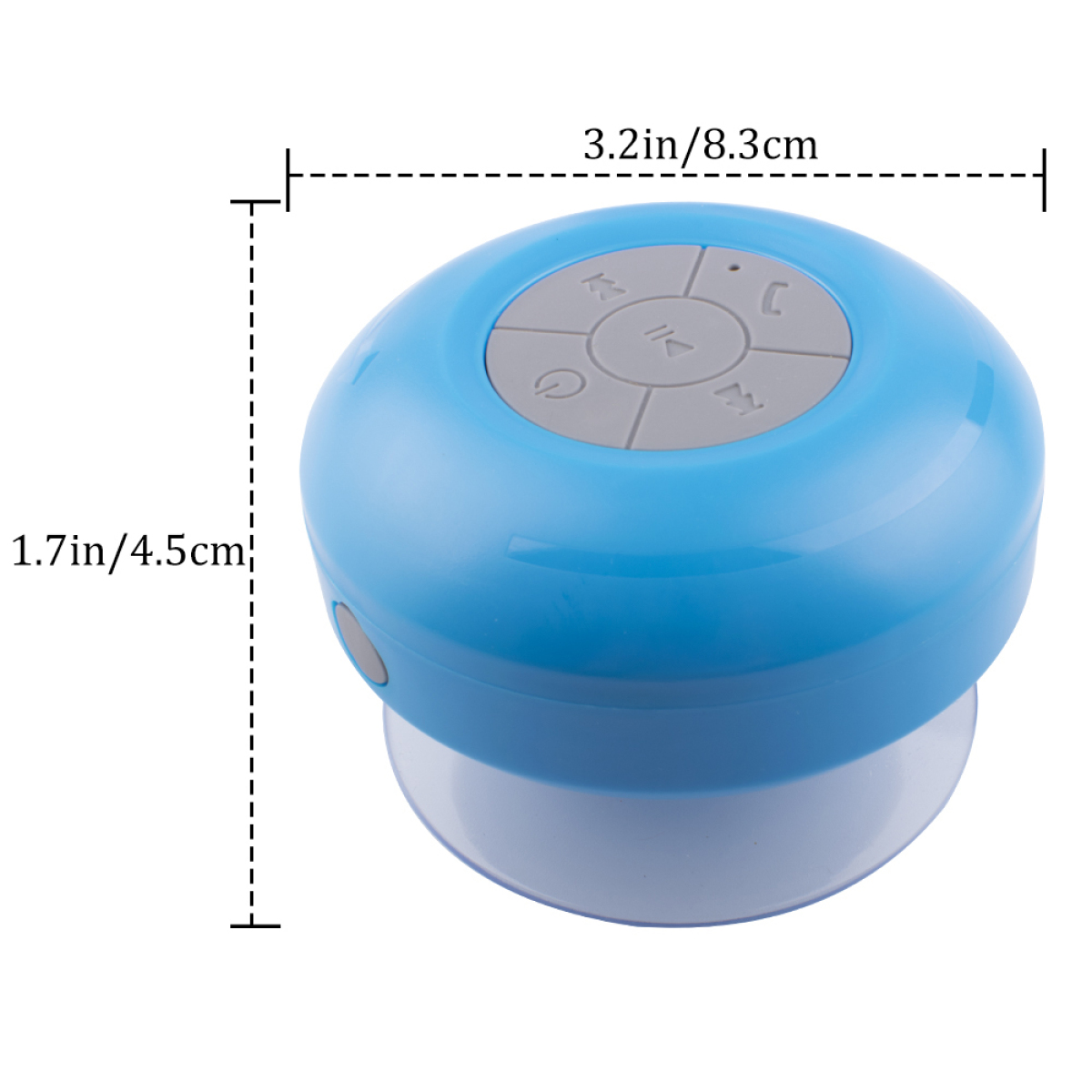 Blauer wasserdichter Lautsprecher mit Knöpfen oben und Abmessungen in Zoll und Zentimetern.