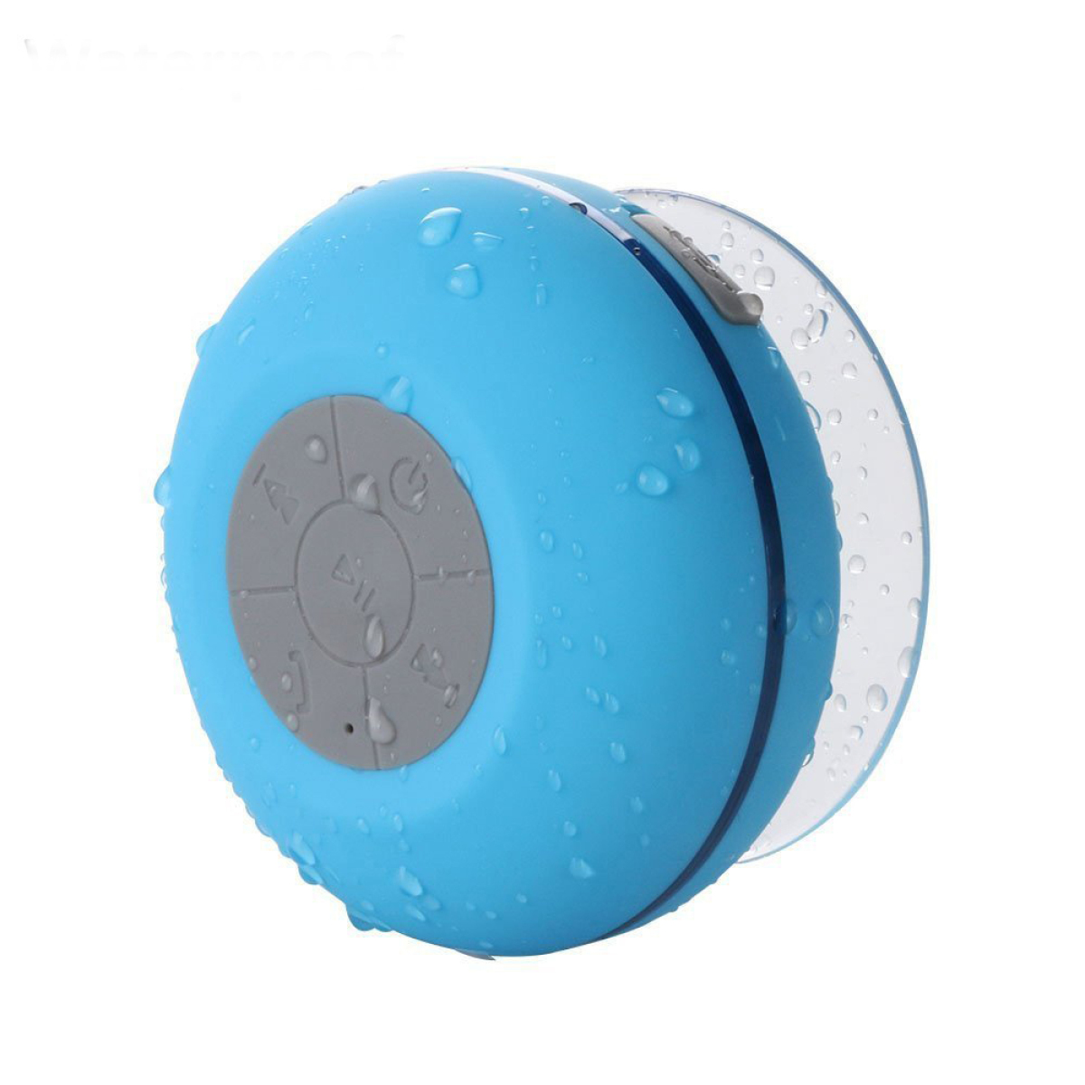 Blauer wasserdichter Lautsprecher mit Saugnapf, Knöpfen und Wassertropfen.