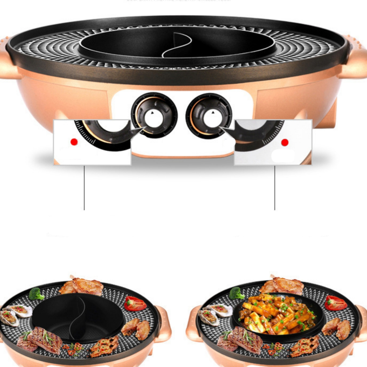 Elektrischer Grill mit Essen, Bedienelementen und roter Anzeige.