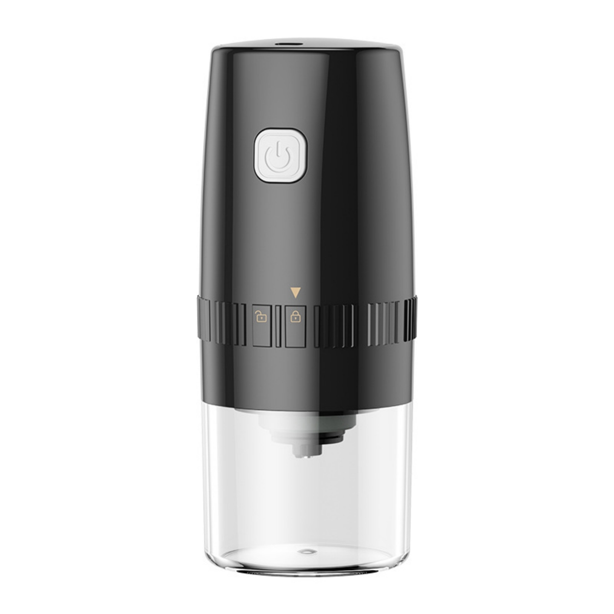 Schwarze Kaffeemühle mit einem transparenten Bodenbehälter. Es hat einen Ein-/Ausschalter.