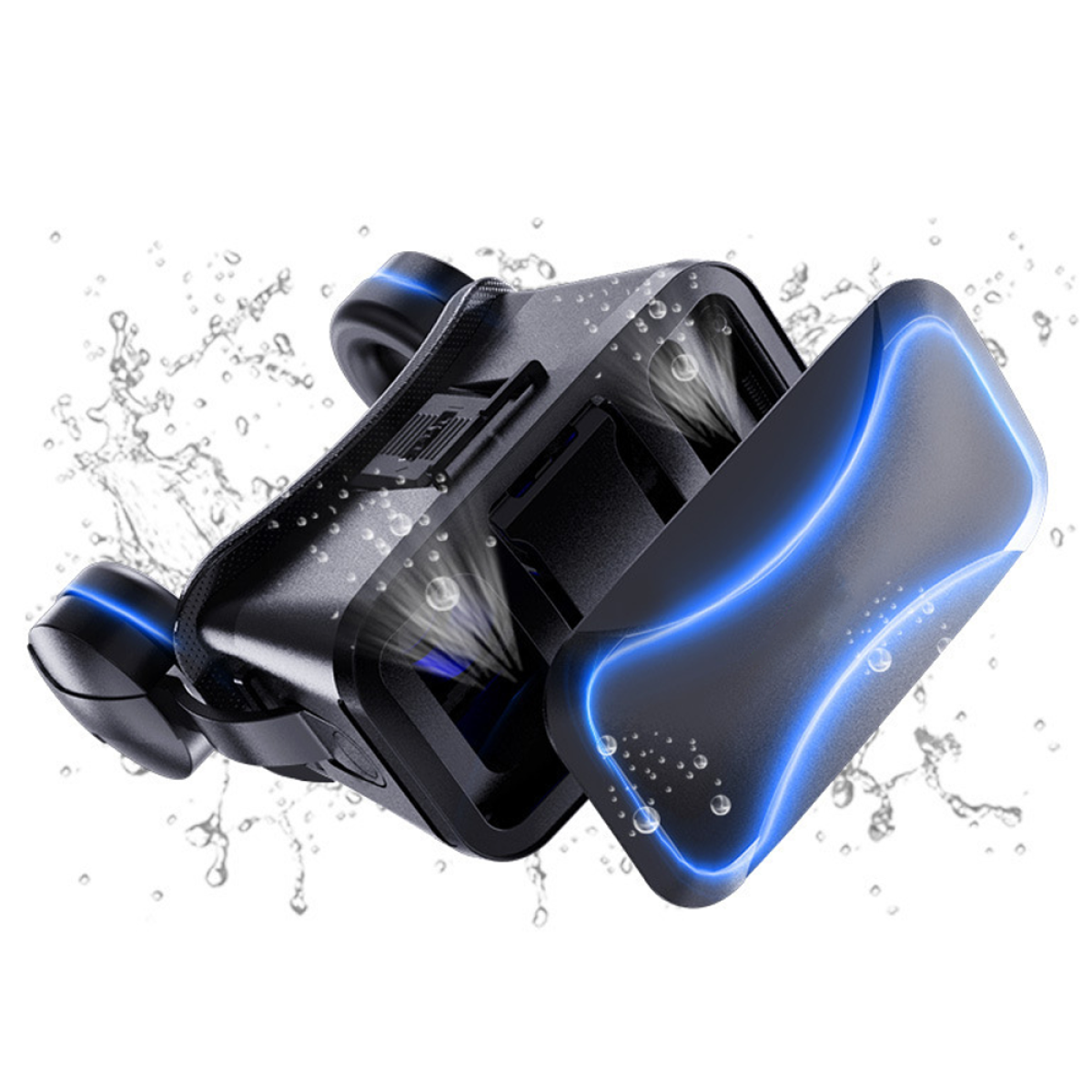 VR-Headset mit Wassertröpfchen und blau beleuchtetem Bildschirm.