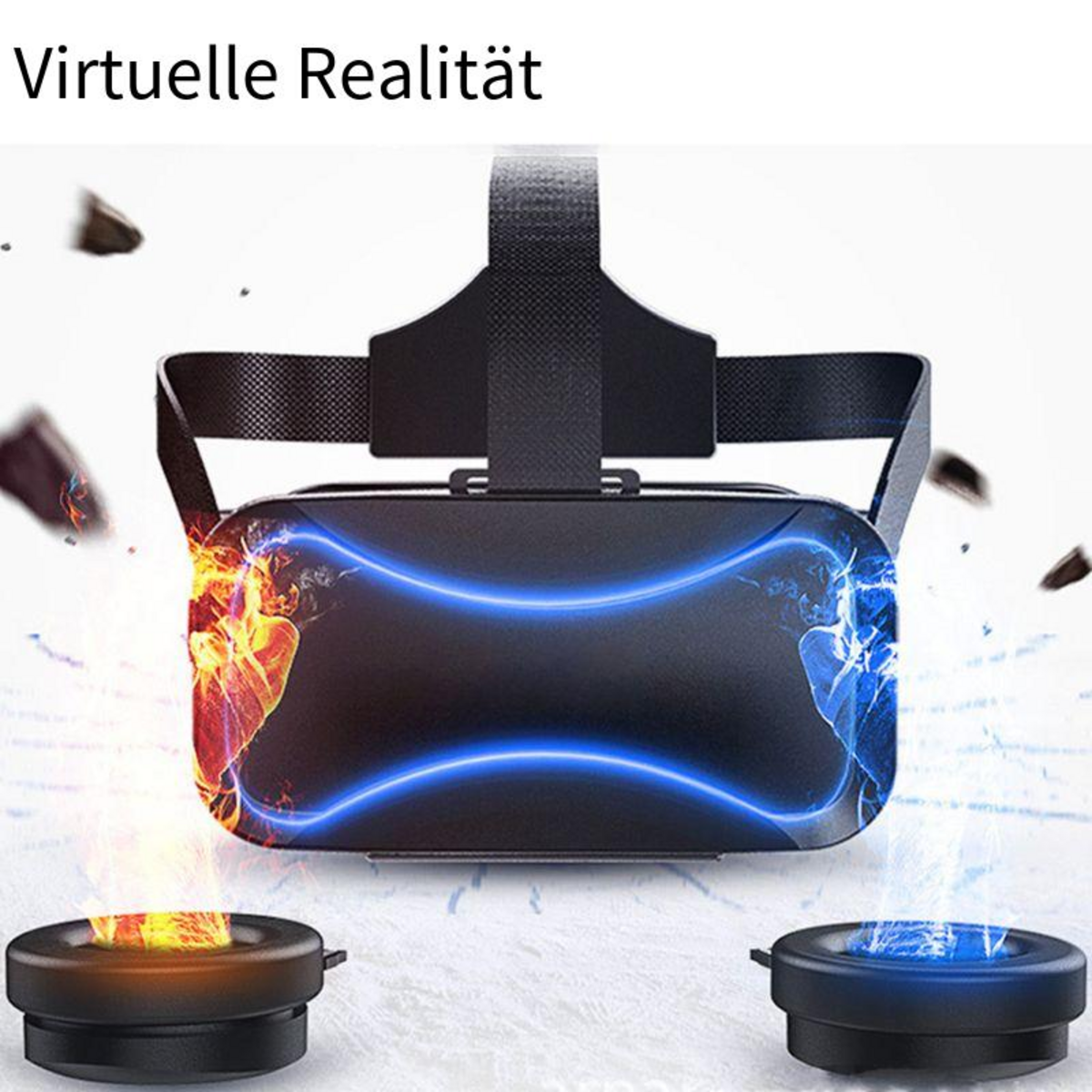 VR-Headset mit feurigen und elektrisch blauen visuellen Effekten, die vom Visierbereich ausgehen.