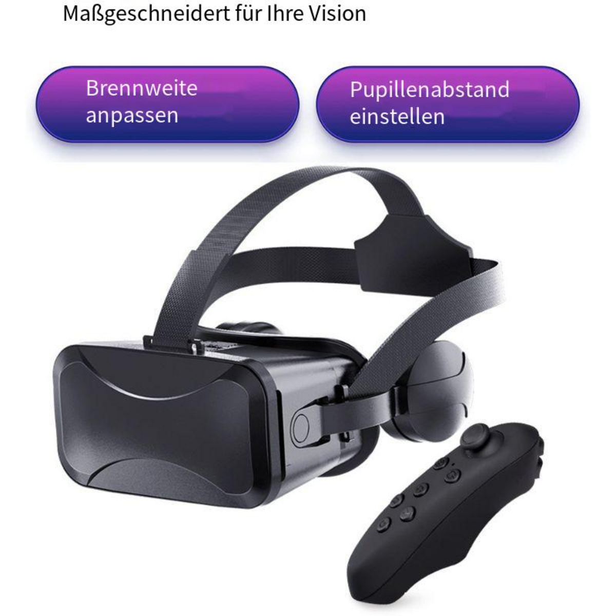 VR-Headset und Fernbedienung mit Knöpfen, Text zur anpassbaren Linse und Abstand.