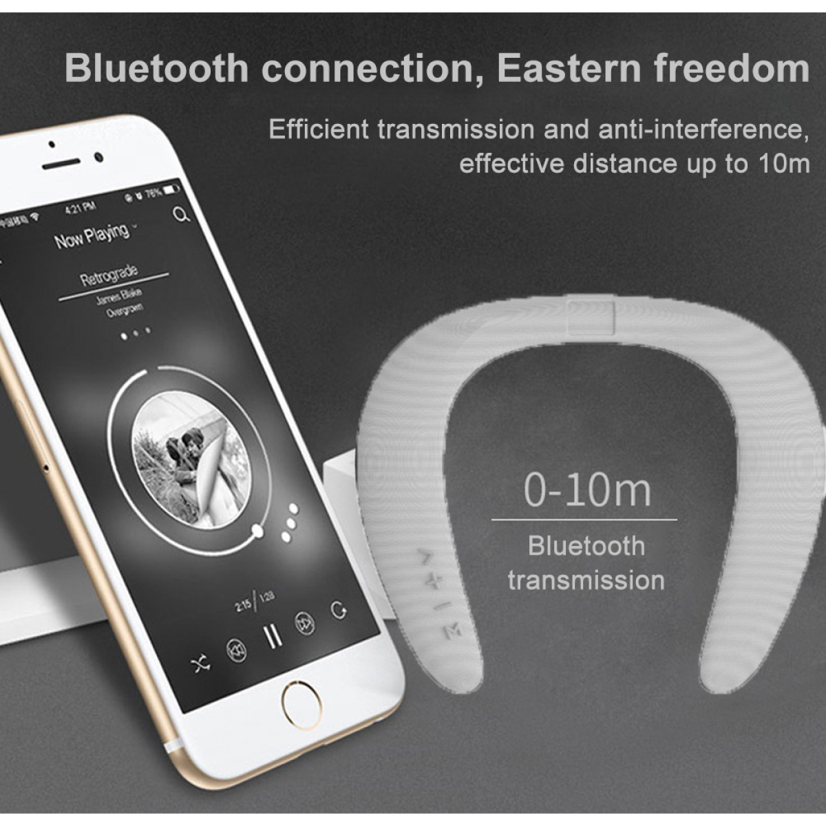 Ein Telefon zeigt Musik an und ist mit einem Nackenband-Lautsprecher verbunden. Text zeigt Bluetooth-Verbindung an.
