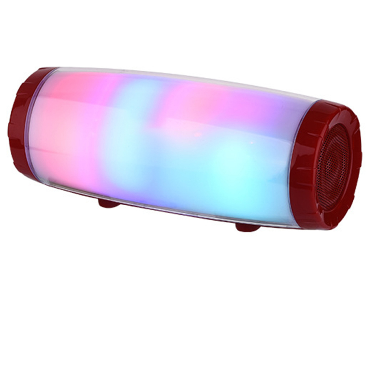 Ein roter zylindrischer Lautsprecher mit bunten Lichtern.