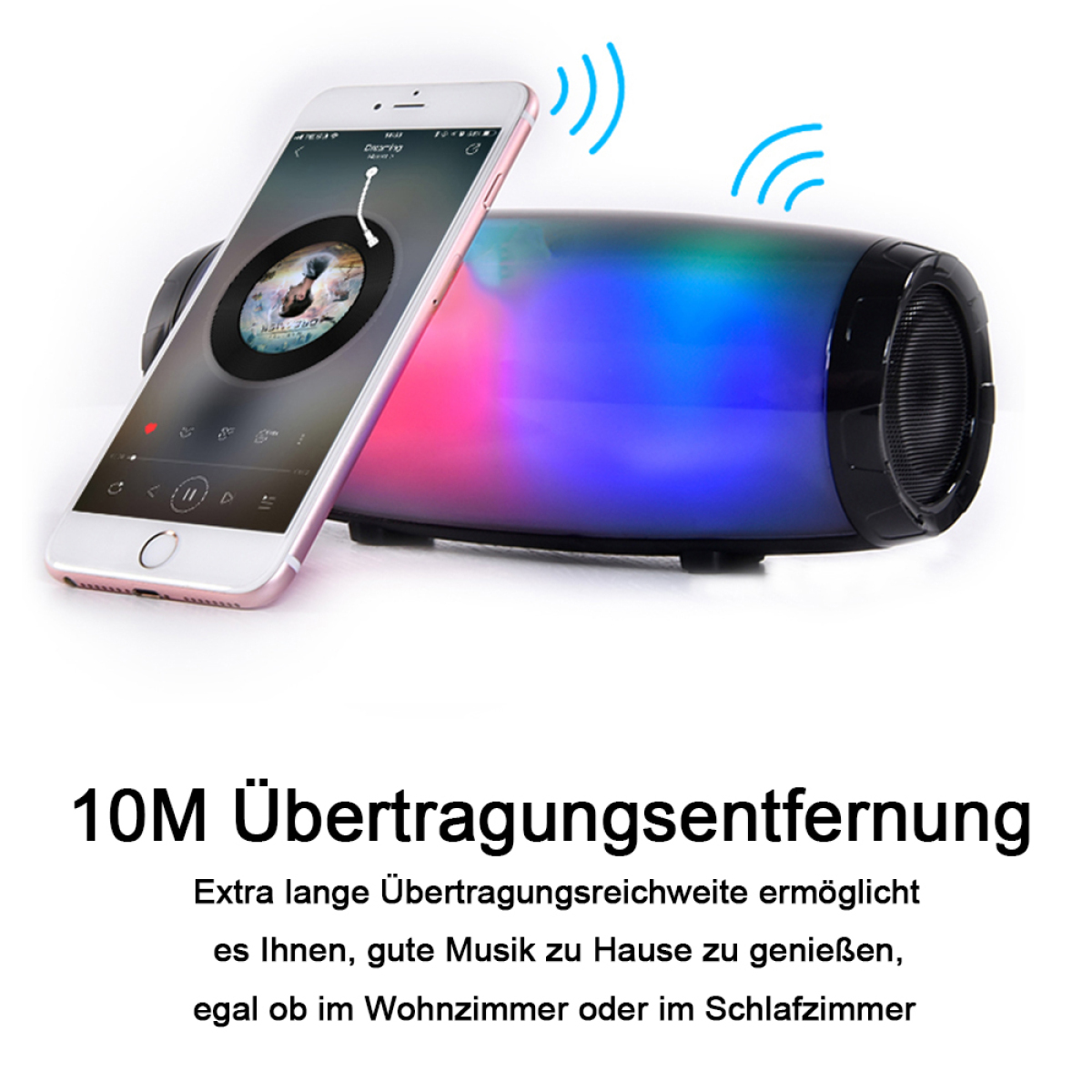 Telefon und Lautsprecher mit Lichtern. Text: 10M Übertragungsreichweite. Extra lange Reichweite.