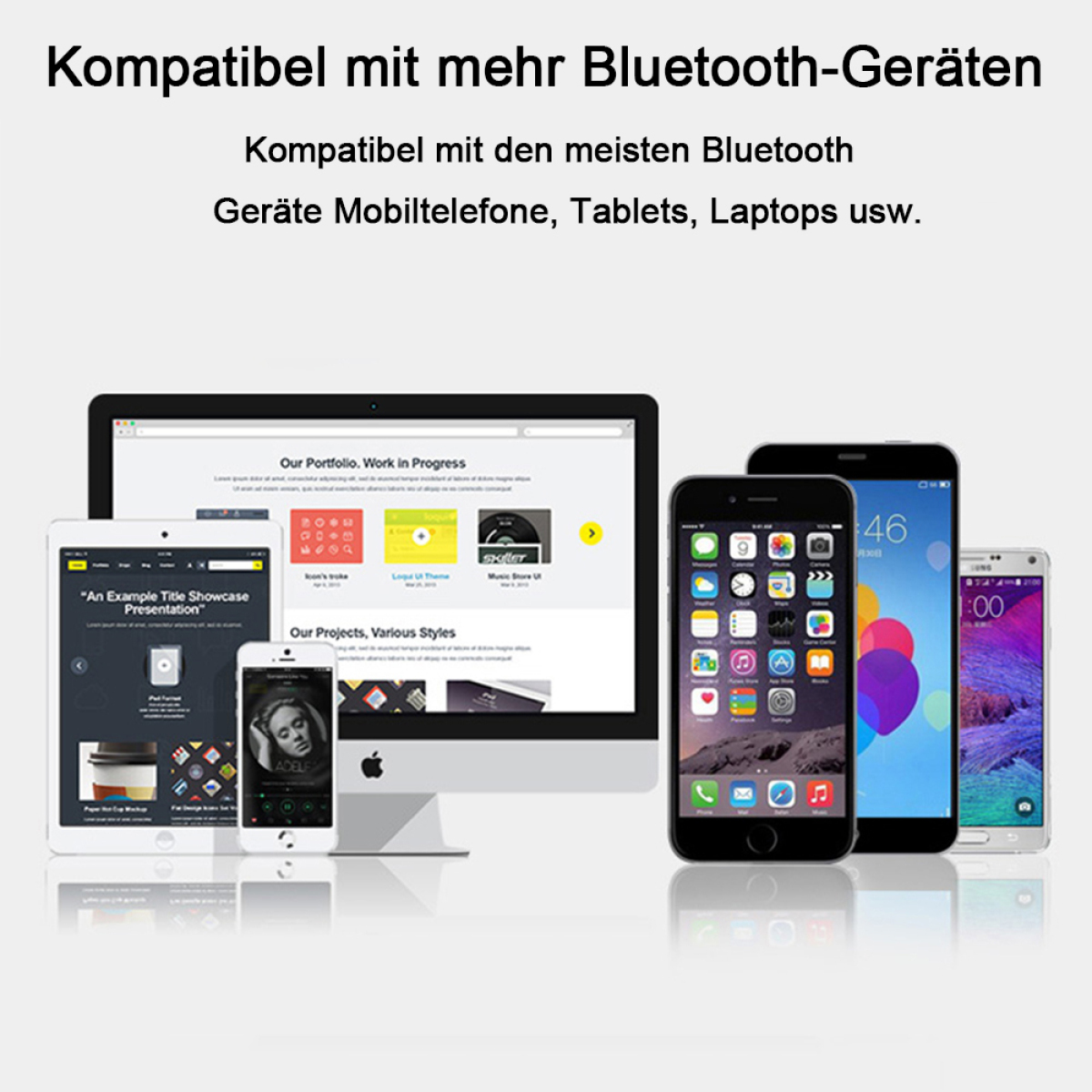 Mehrere elektronische Geräte, darunter Telefone und ein Computer, auf weißem Hintergrund.