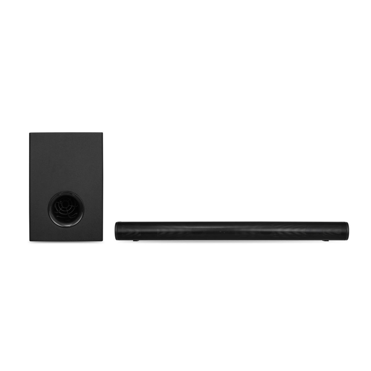 Czarny soundbar i subwoofer na białym tle. Subwoofer po lewej, soundbar po prawej.