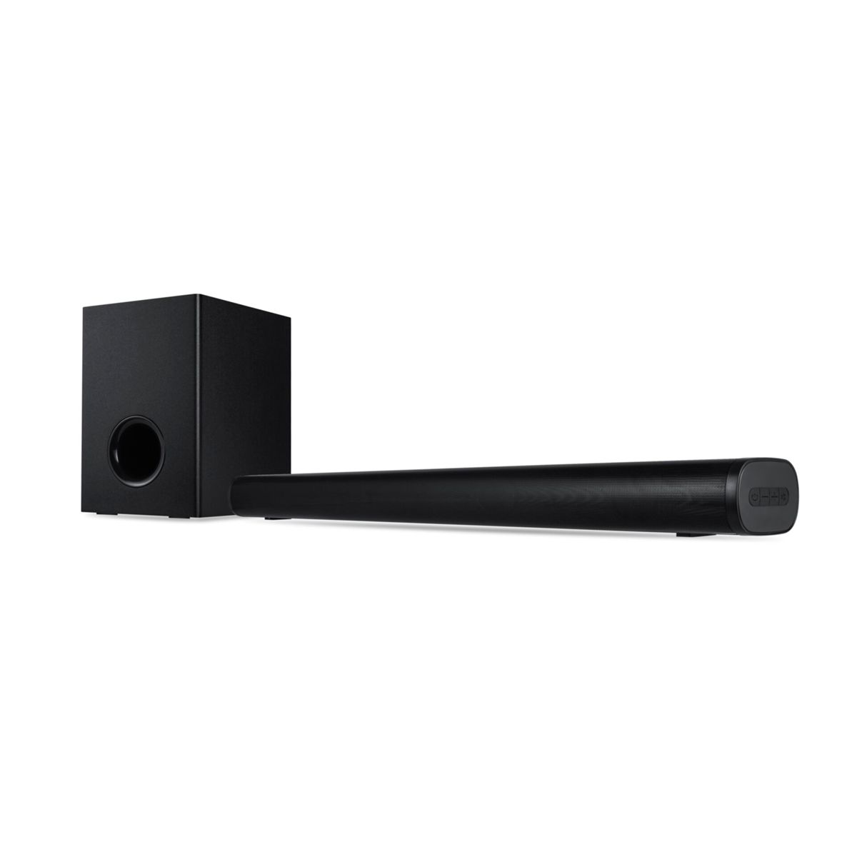 Czarny soundbar i subwoofer. Soundbar jest długi i prostokątny.