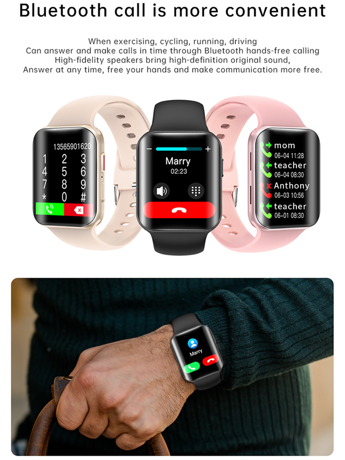 BRIGHTAKE Bluetooth-Anruf Smart Armbanduhr mit Smartwatch Kieselerde, Rosa Temperaturmessung