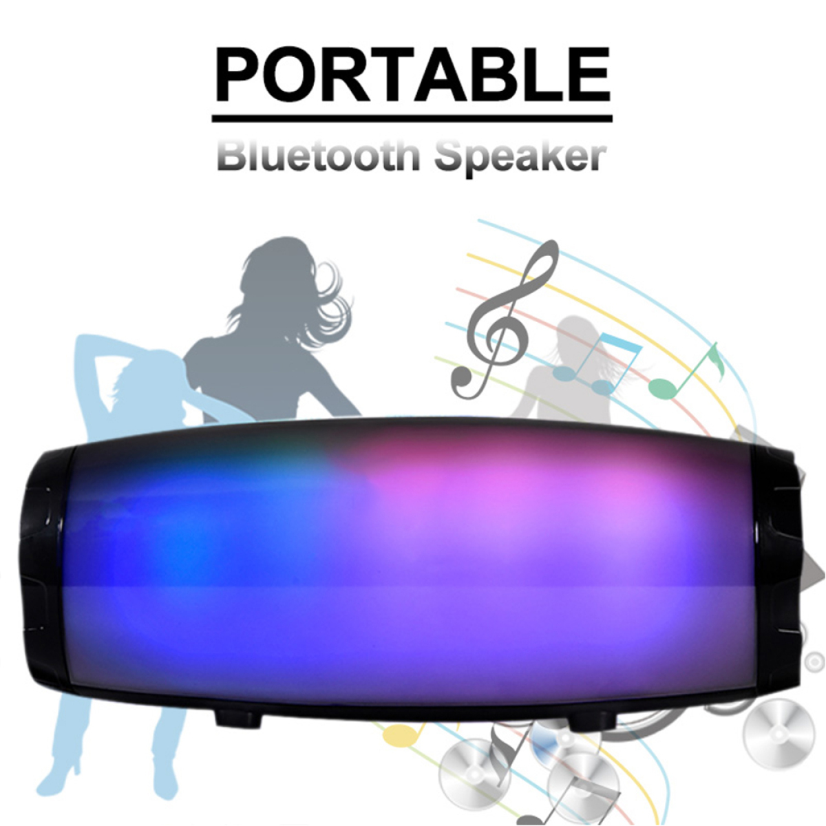 Ein tragbarer Bluetooth-Lautsprecher mit bunten Lichtern und Noten.