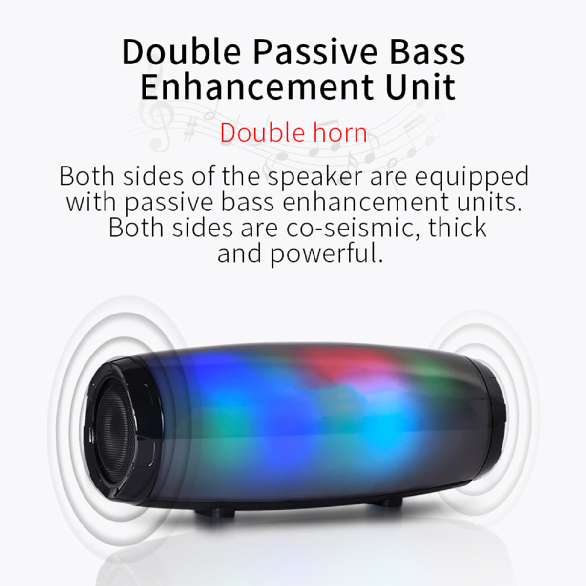 Ein schwarzer Lautsprecher, der farbenfrohe Lichter aussendet. Der Text lautet 'Double Passive Bass Enhancement Unit'.