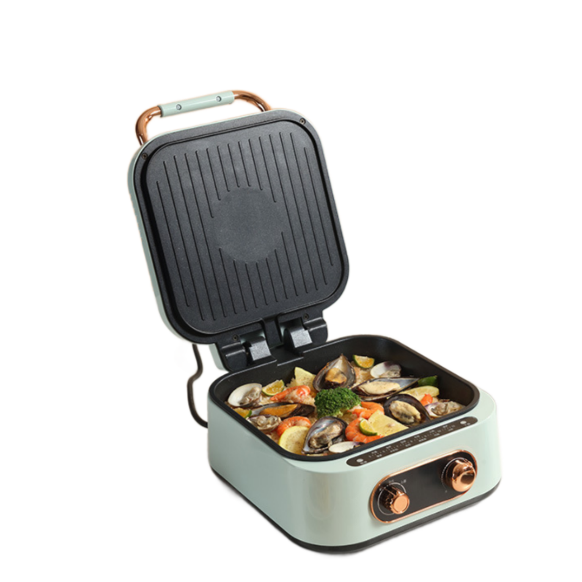 Offener Grill mit Meeresfrüchten. Minzgrüne Basis mit Kupferakzenten. Enthält Muscheln, Zitrone und andere Meeresfrüchte.