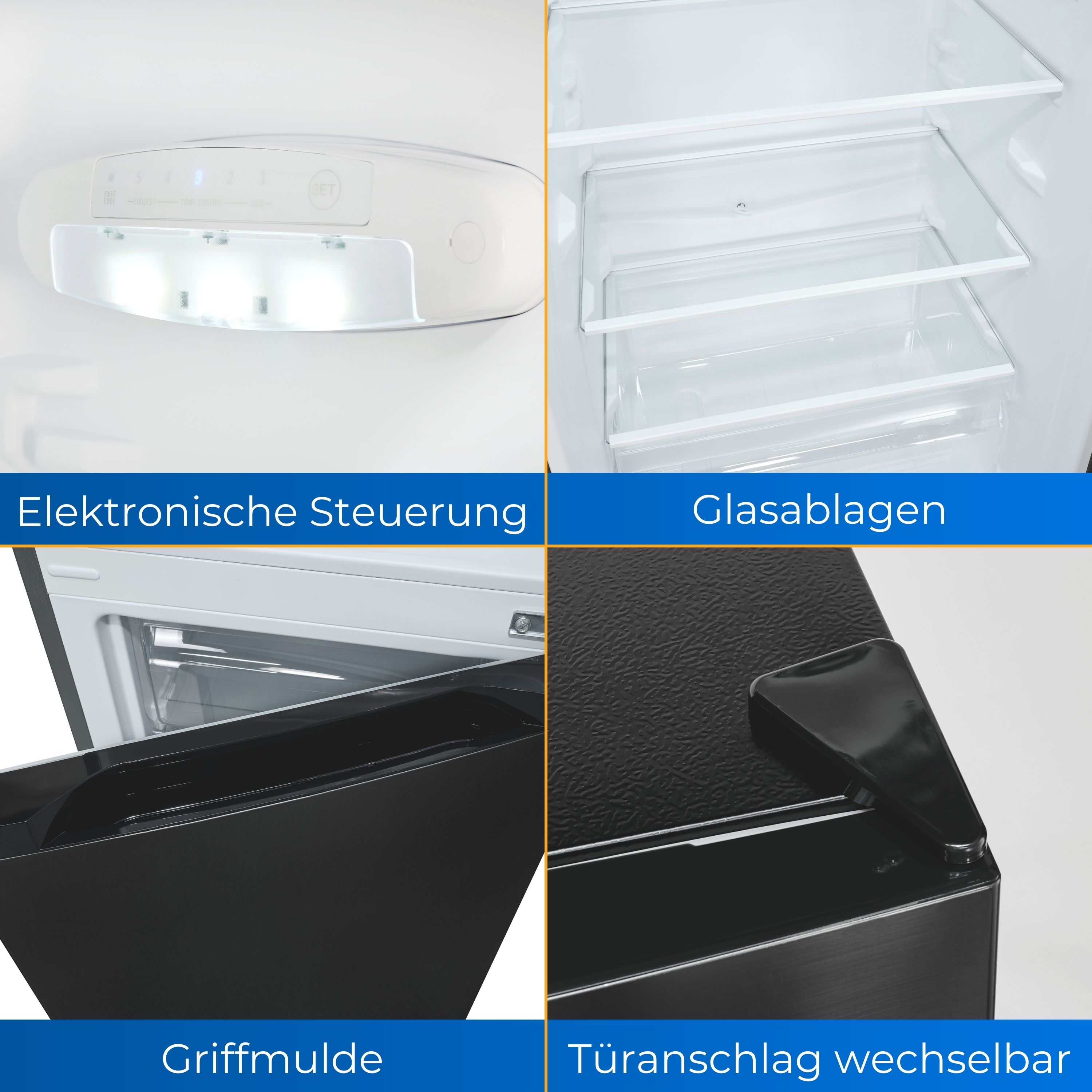 Nahaufnahmen eines Kühlschranks: elektronische Steuerung, Glasböden, Griffmulde und Türanschlag.