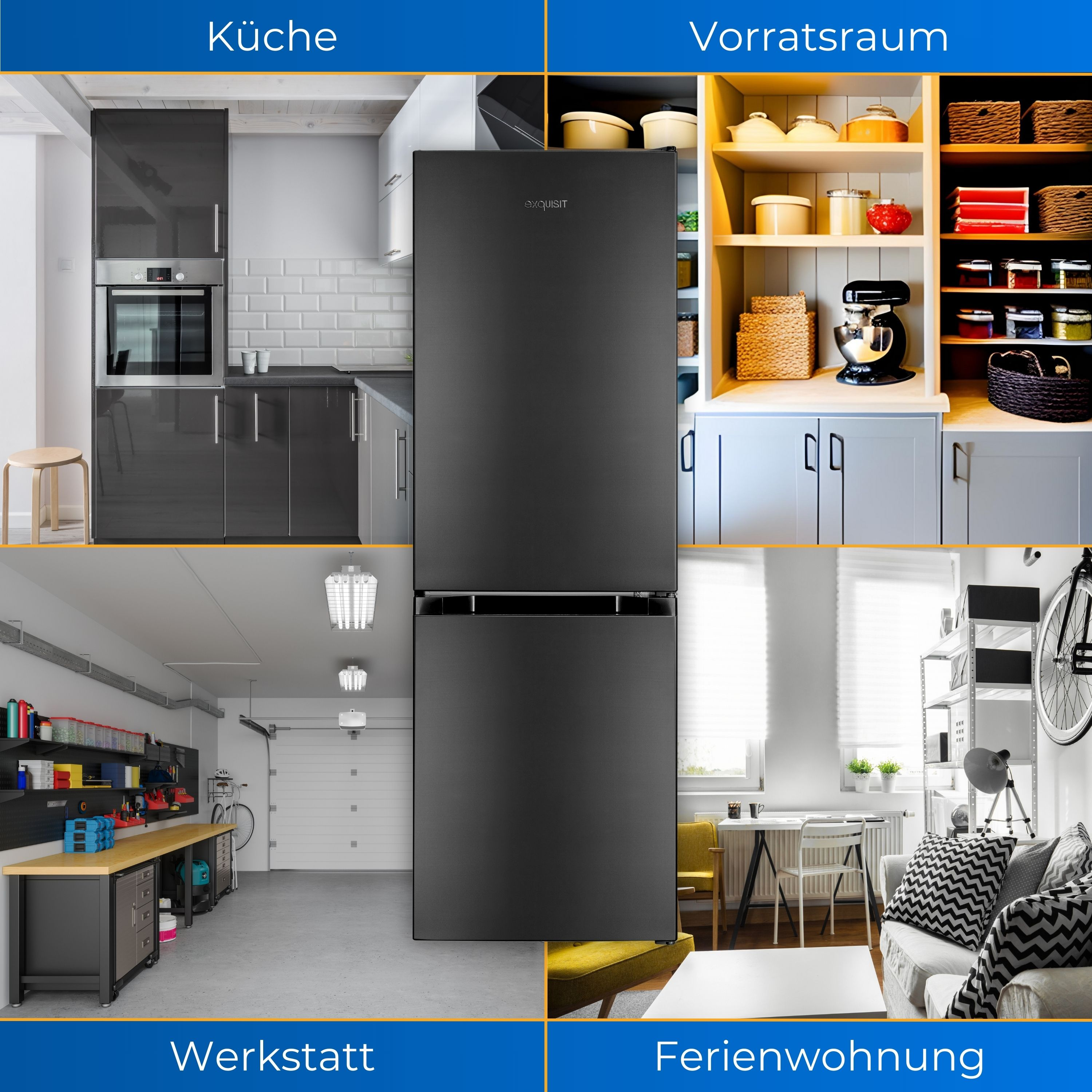 Vier Bilder: Küche, Vorratsraum, Werkstatt und Ferienwohnung, jeweils mit verschiedenen Möbeln und Geräten.