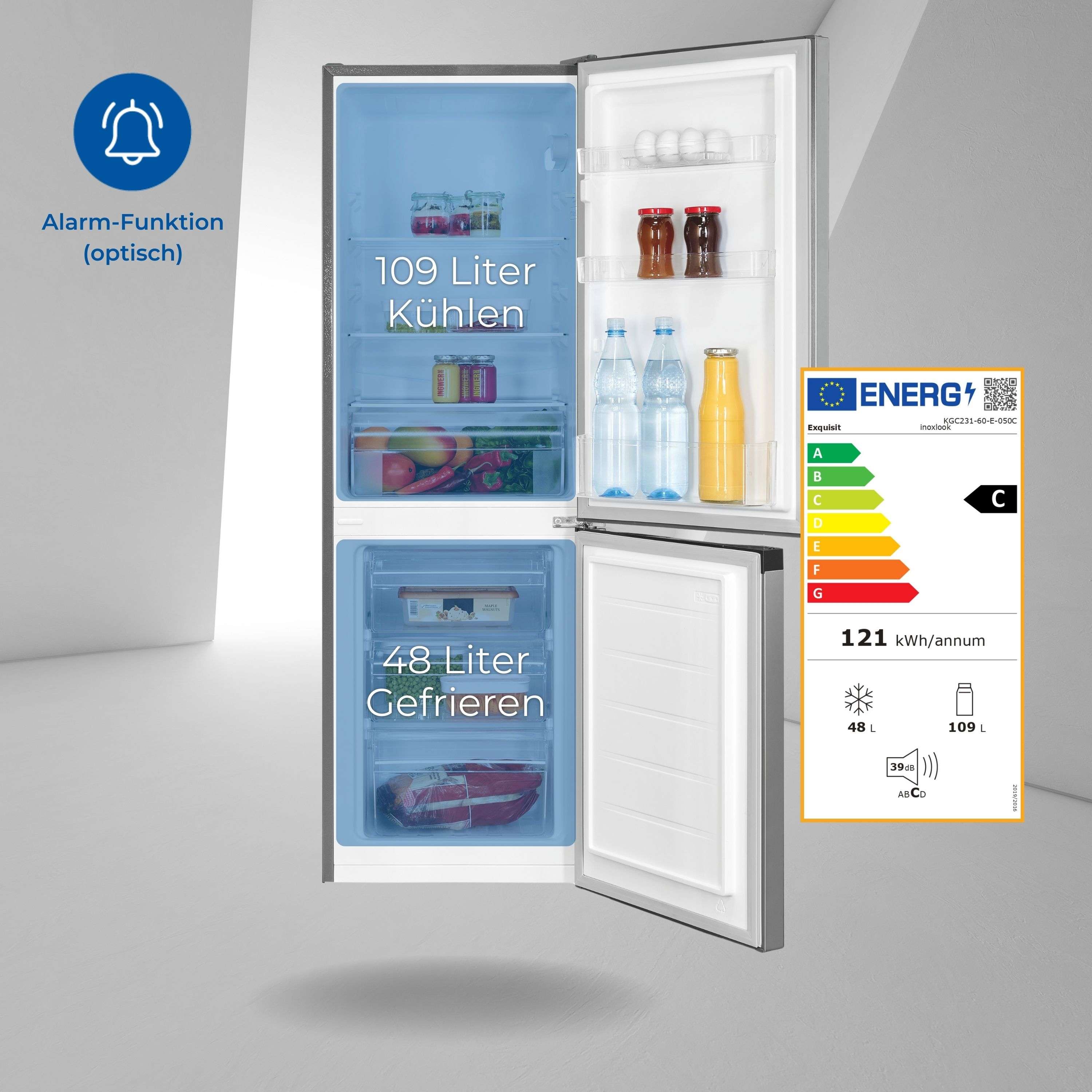 Kühlschrank mit geöffneten Türen. Innen: eine Seite mit Essen und Flaschen, die andere mit Gefrierfach.