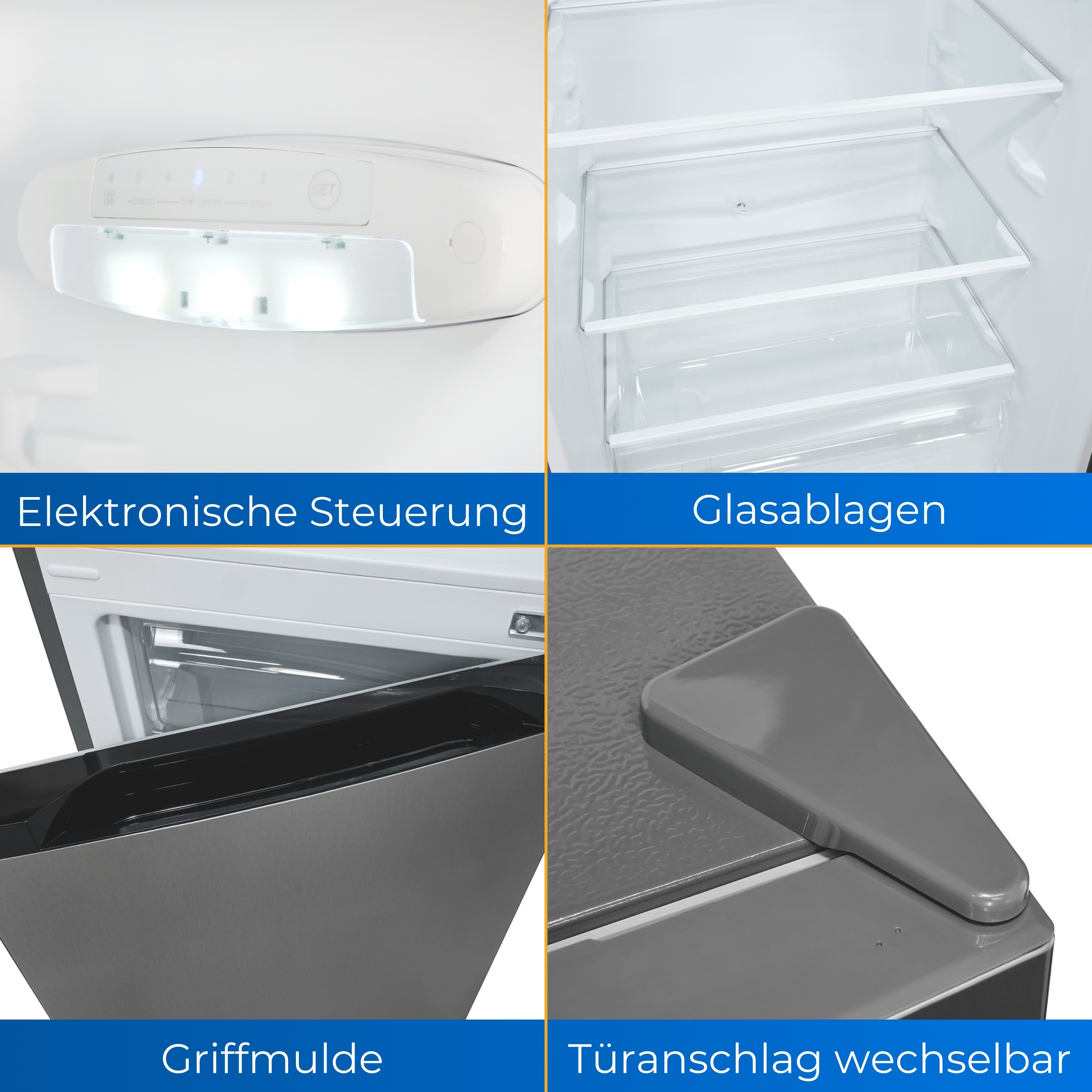 Vier Nahaufnahmen der Merkmale eines Kühlschranks: Bedienfeld, Glasböden, Schublade und Tür.