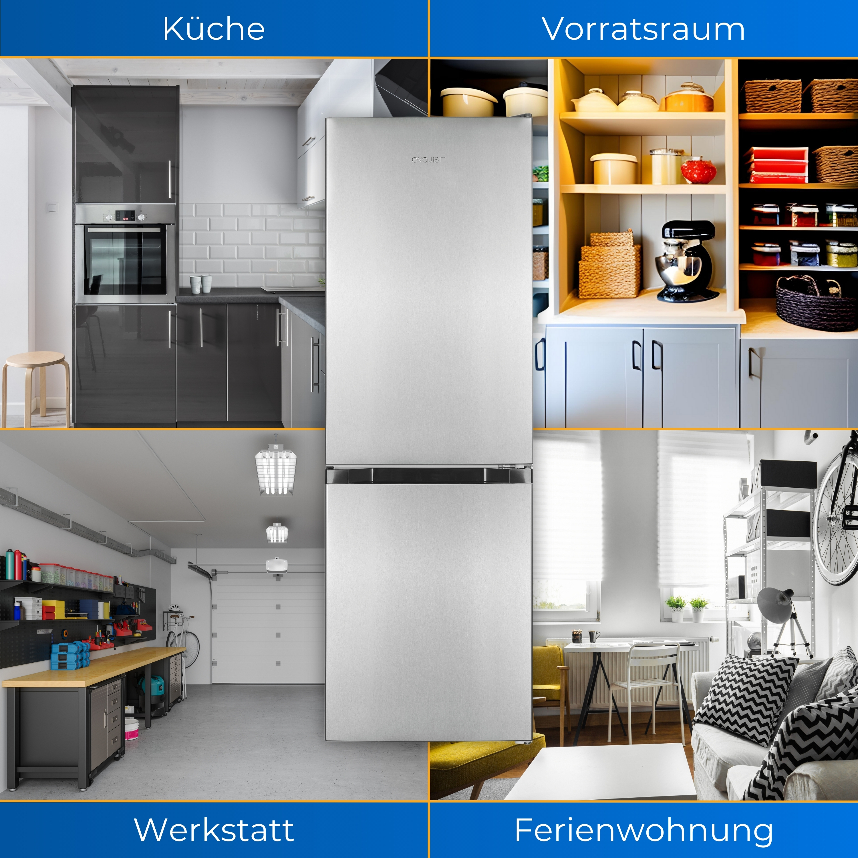 Ein Kühlschrank wird in verschiedenen Räumen gezeigt: Küche, Vorratsraum, Werkstatt und Ferienwohnung. Es ist silber.