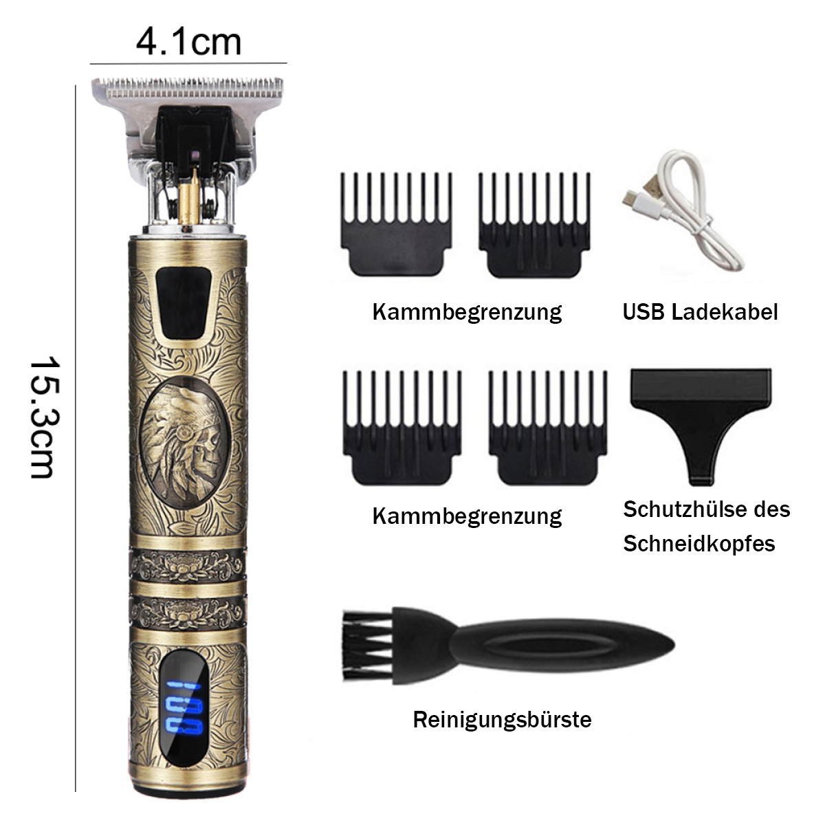 Haarschneider mit Zubehör, mit Abmessungen und Beschriftungen. Es hat ein Gold-Schwarz-Design.