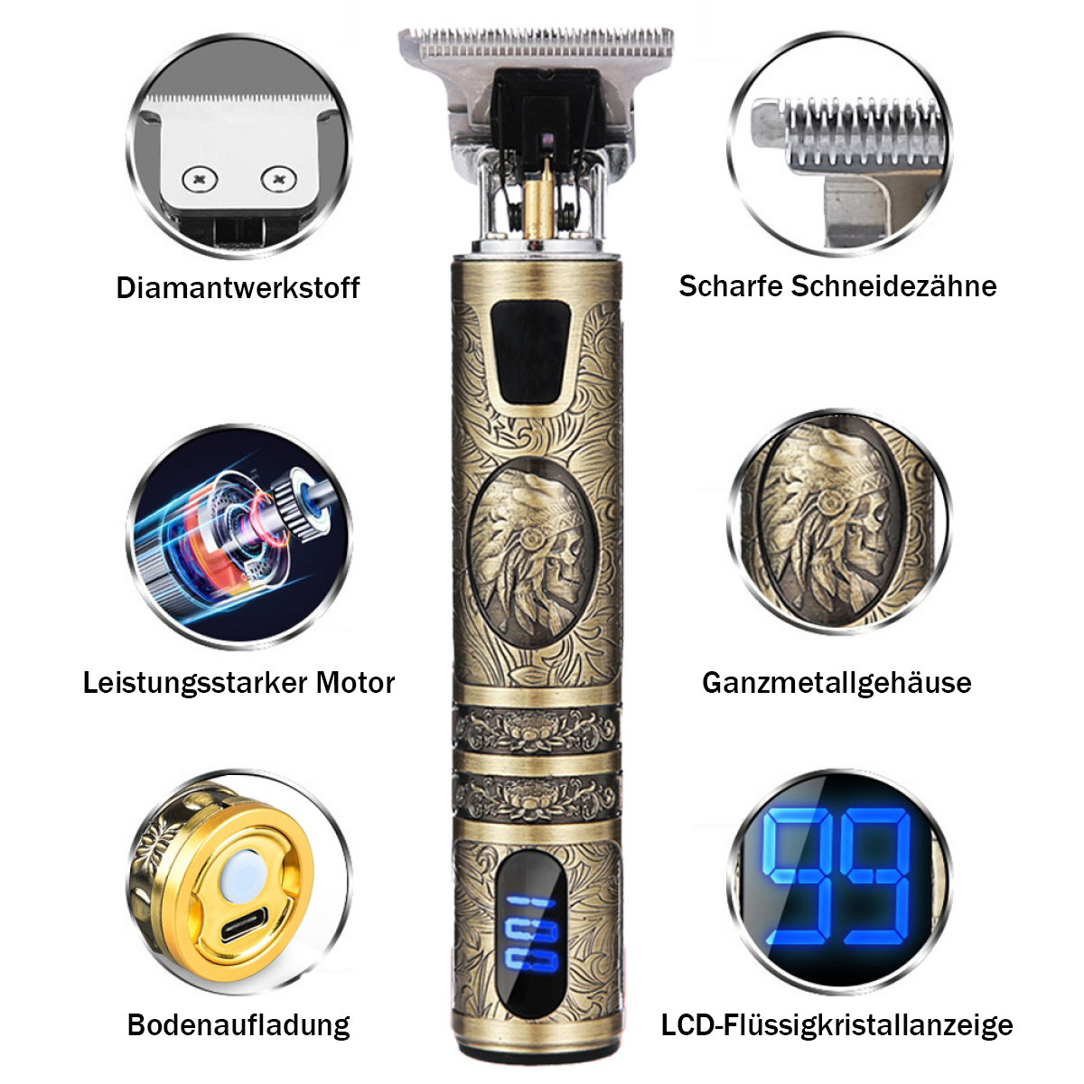 Ein gold-schwarzer Haarschneider mit beschrifteten Teilen: Motor, Klingen, Display und Kopf.